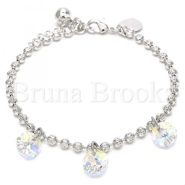 Rhodium Plated 03.26.0046.07 Charm Bracelet, Rattle Charm and Heart Design, with Aurore Boreale Swarovski Crystals, Diamond Cutting Finish, Rhodium Tone