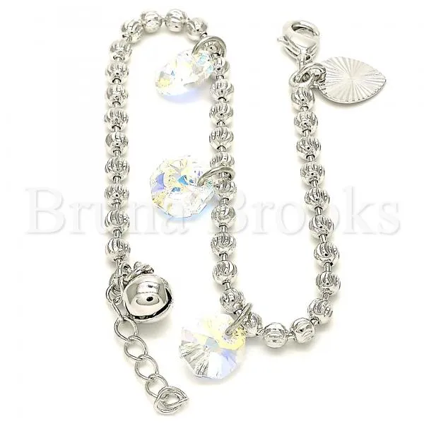 Rhodium Plated 03.26.0046.07 Charm Bracelet, Rattle Charm and Heart Design, with Aurore Boreale Swarovski Crystals, Diamond Cutting Finish, Rhodium Tone