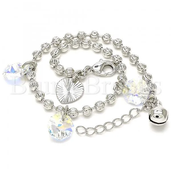 Rhodium Plated 03.26.0046.07 Charm Bracelet, Rattle Charm and Heart Design, with Aurore Boreale Swarovski Crystals, Diamond Cutting Finish, Rhodium Tone