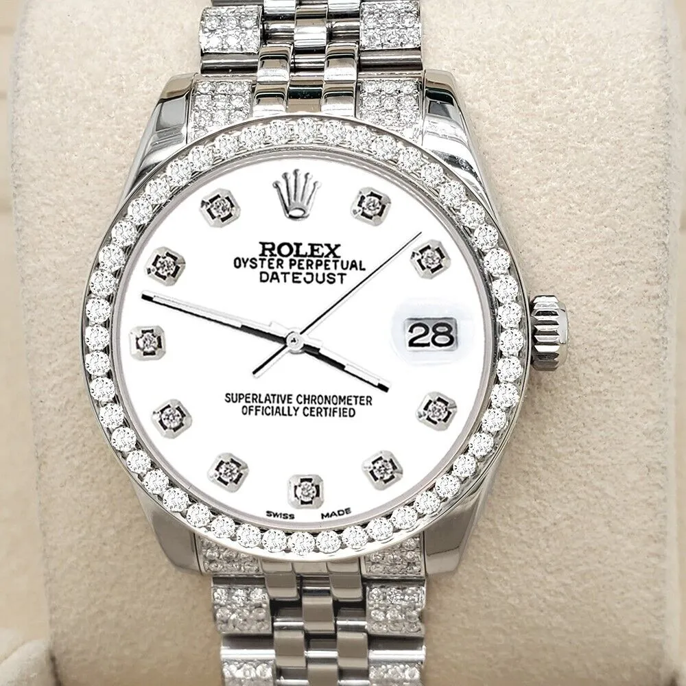 Rolex Datejust Midsize 31mm 3.30ct Diamond Bezel/Bracelet/White Dial Watch TFJ-142508211