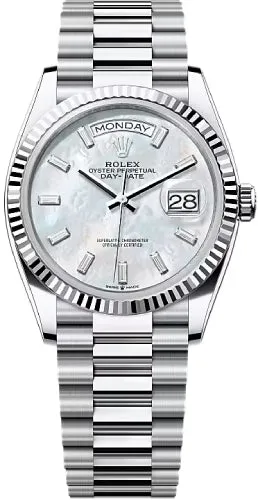 Rolex Day-Date 36 36mm White MOP Diamond-Set Dial Fluted Bezel President Bracelet - 128236