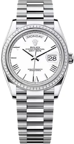 Rolex Day-Date 36 36mm White Roman Dial Diamond-Set Bezel President Bracelet - 128396TBR