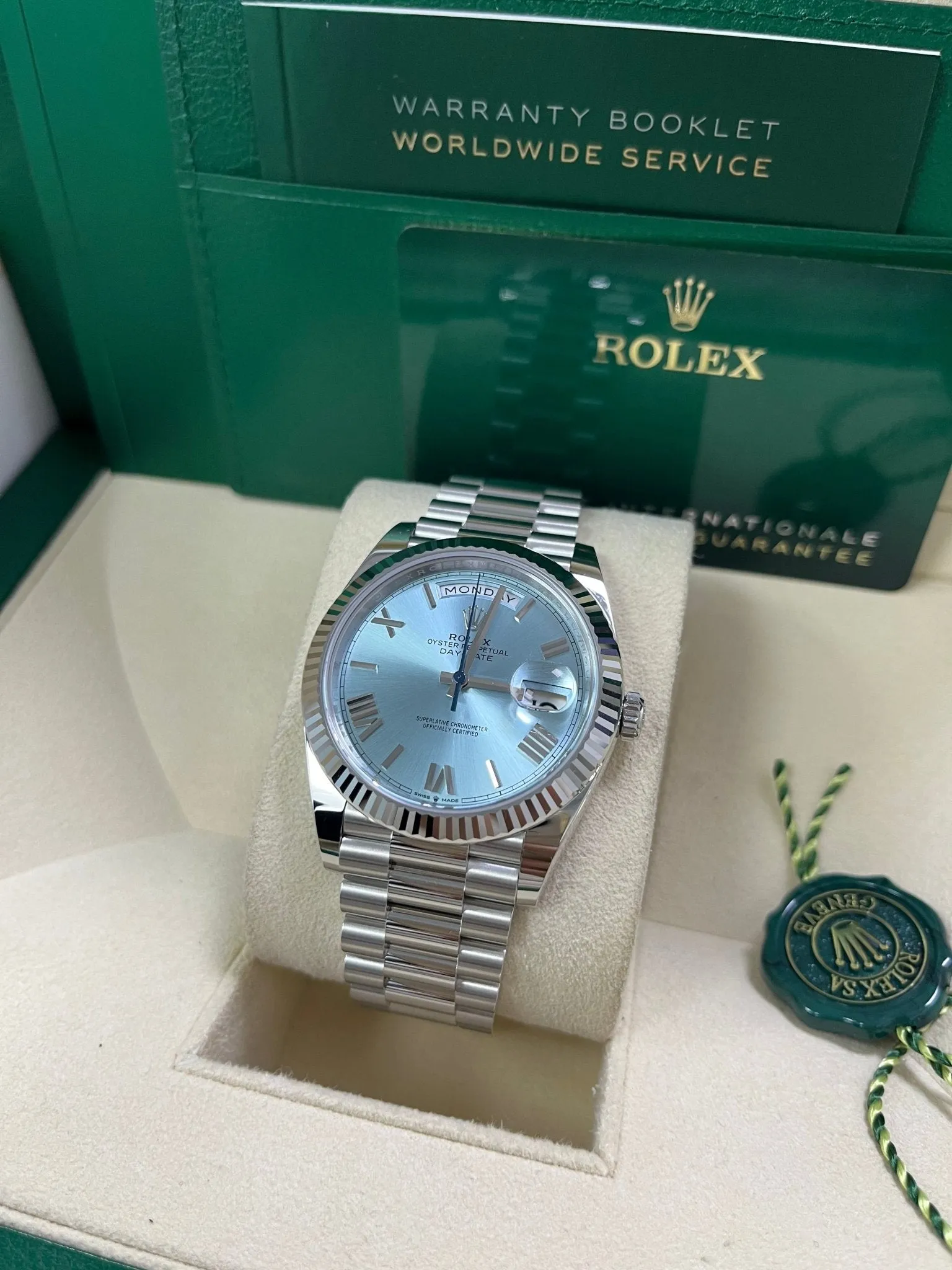 Rolex Day-Date 40 Platinum Day-Date 40 Watch - Fluted Bezel - Ice Blue Roman Dial President Bracelet 228236