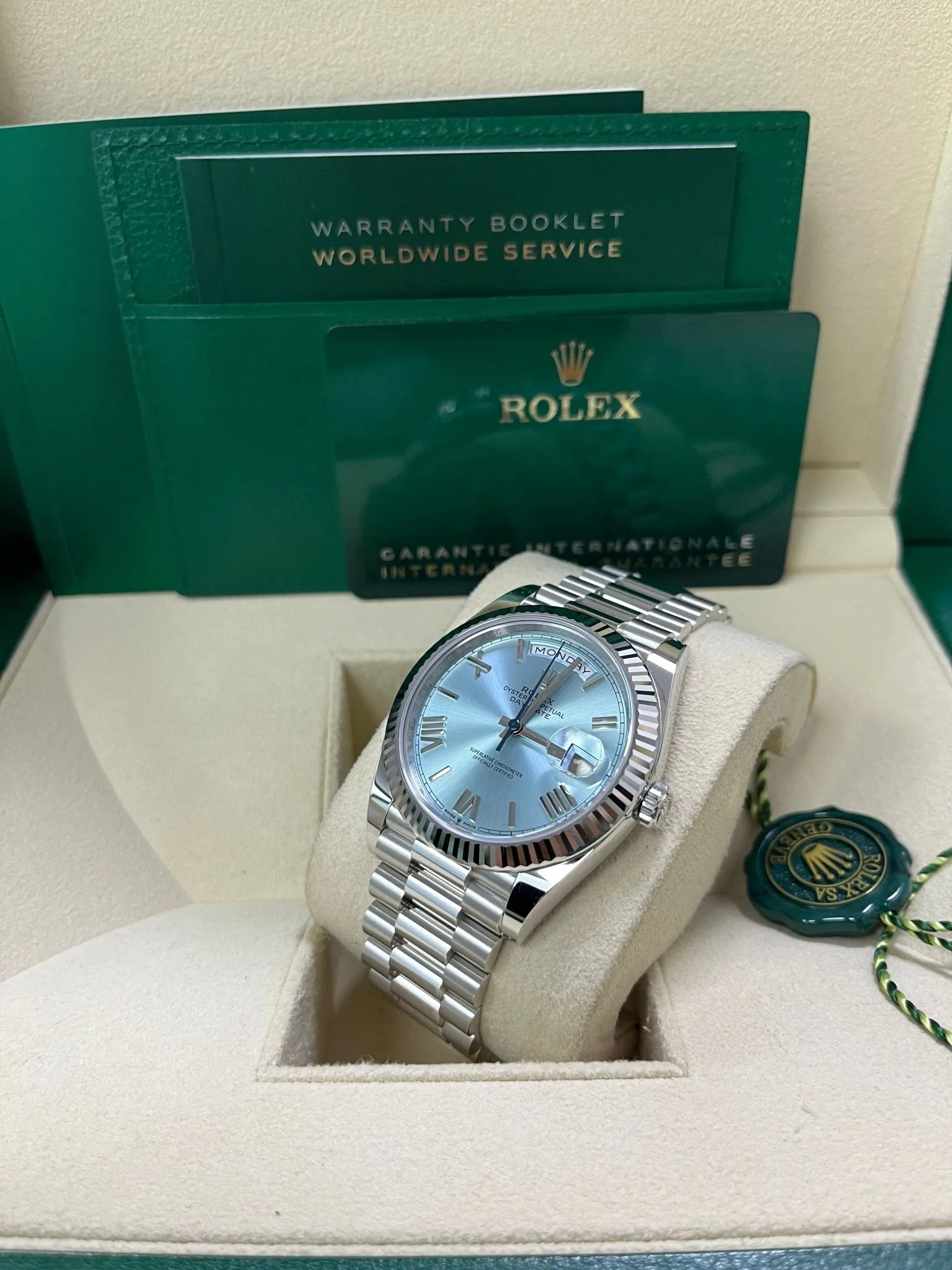 Rolex Day-Date 40 Platinum Day-Date 40 Watch - Fluted Bezel - Ice Blue Roman Dial President Bracelet 228236