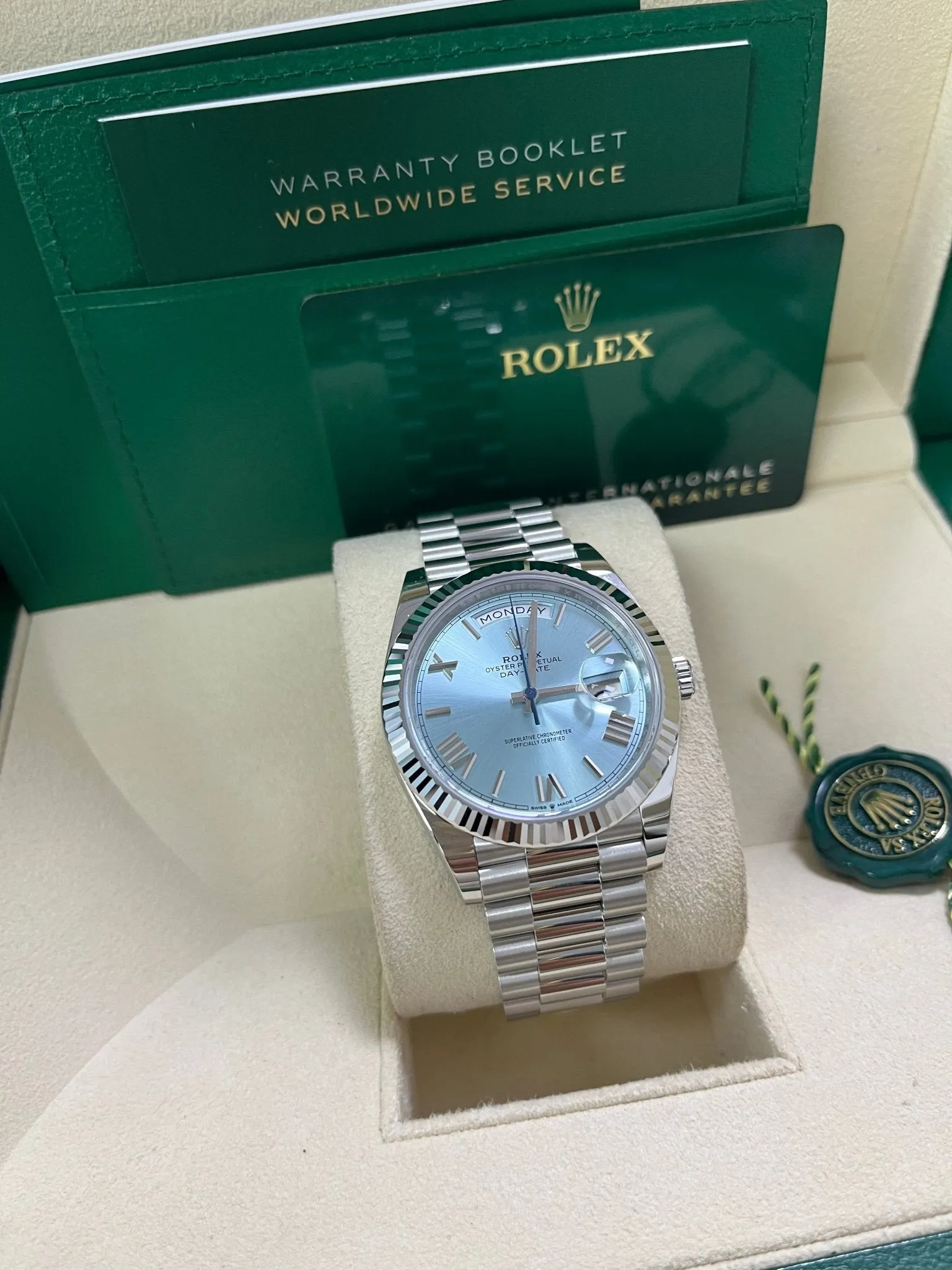 Rolex Day-Date 40 Platinum Day-Date 40 Watch - Fluted Bezel - Ice Blue Roman Dial President Bracelet 228236