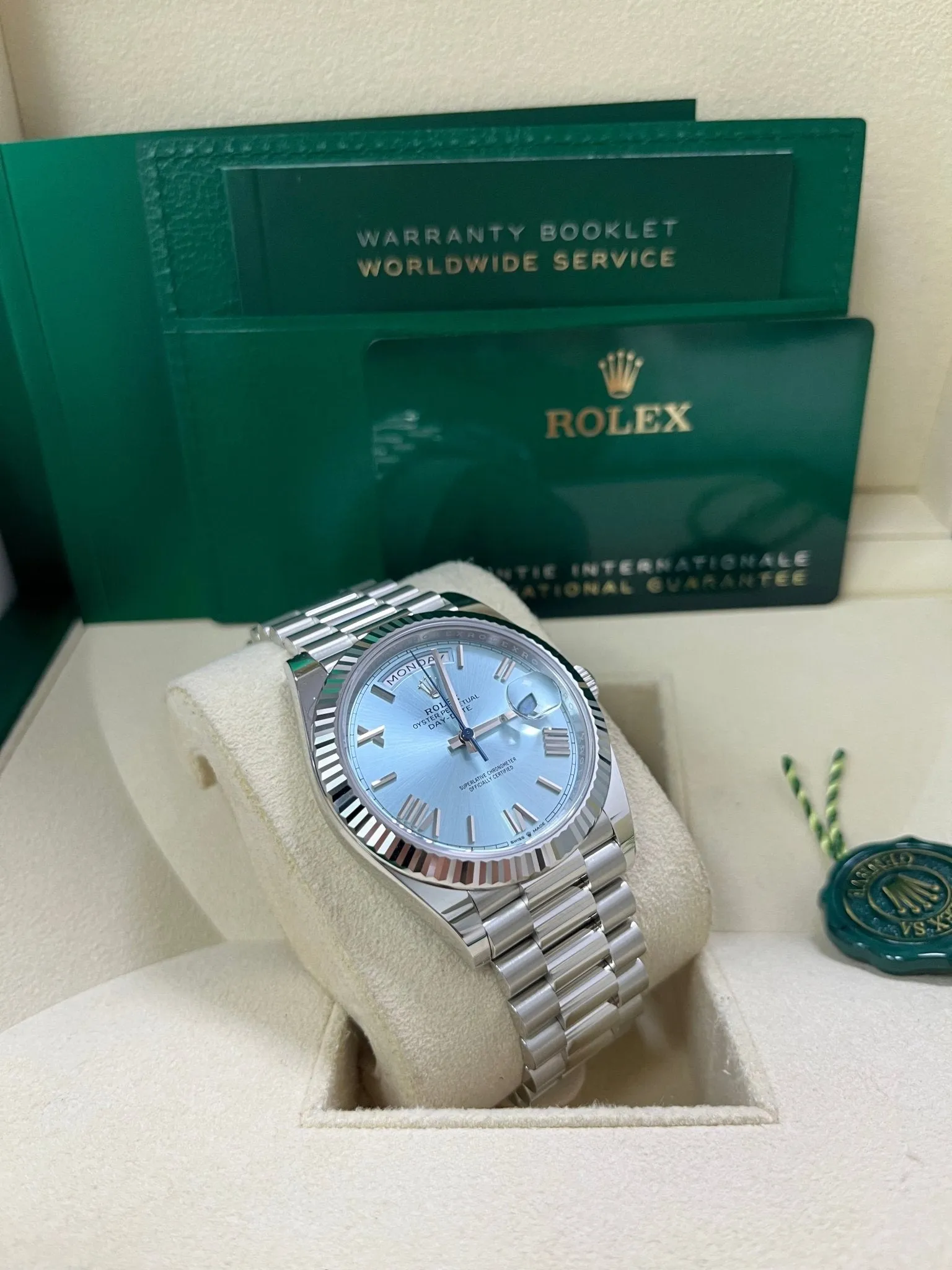 Rolex Day-Date 40 Platinum Day-Date 40 Watch - Fluted Bezel - Ice Blue Roman Dial President Bracelet 228236