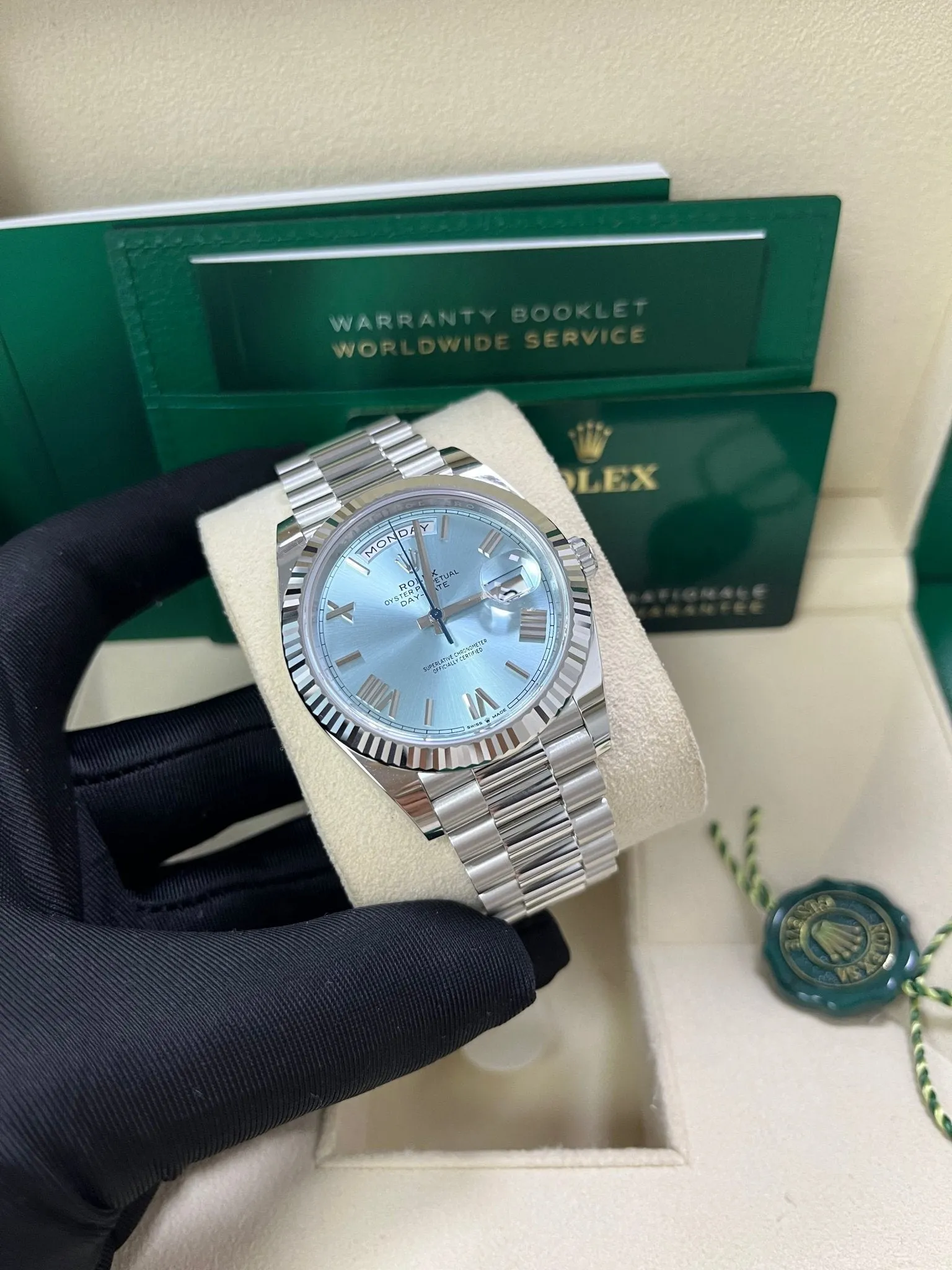 Rolex Day-Date 40 Platinum Day-Date 40 Watch - Fluted Bezel - Ice Blue Roman Dial President Bracelet 228236