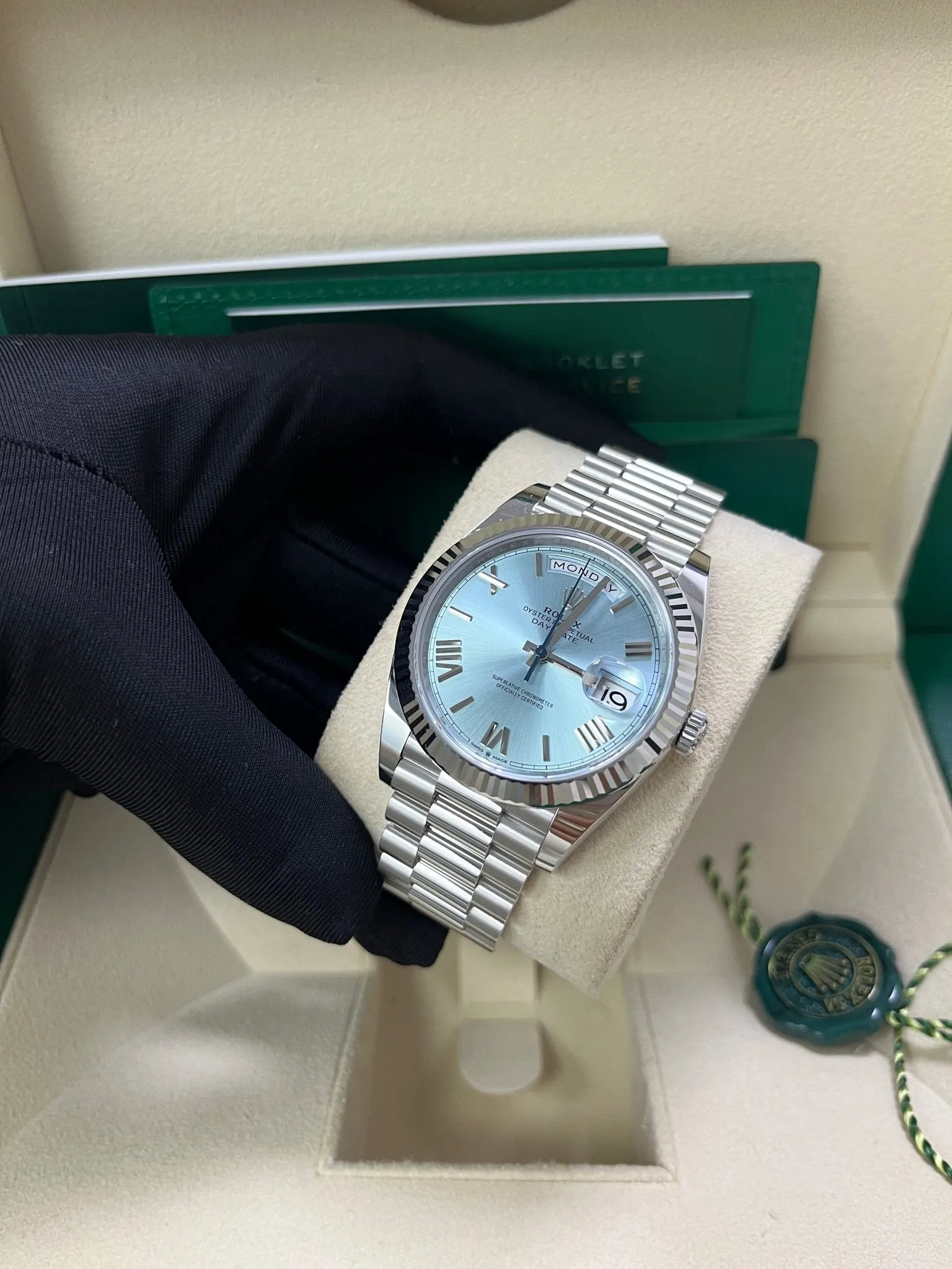 Rolex Day-Date 40 Platinum Day-Date 40 Watch - Fluted Bezel - Ice Blue Roman Dial President Bracelet 228236