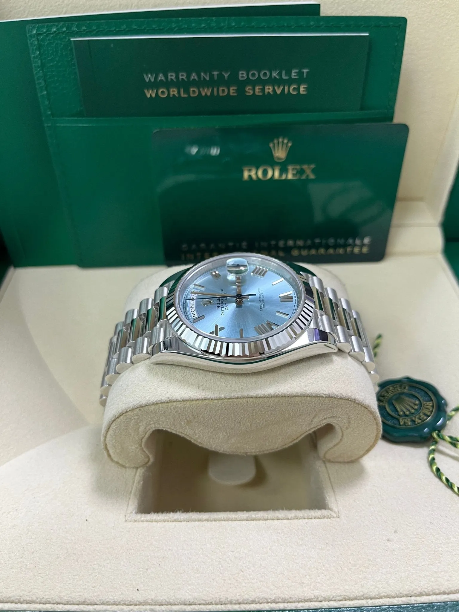 Rolex Day-Date 40 Platinum Day-Date 40 Watch - Fluted Bezel - Ice Blue Roman Dial President Bracelet 228236