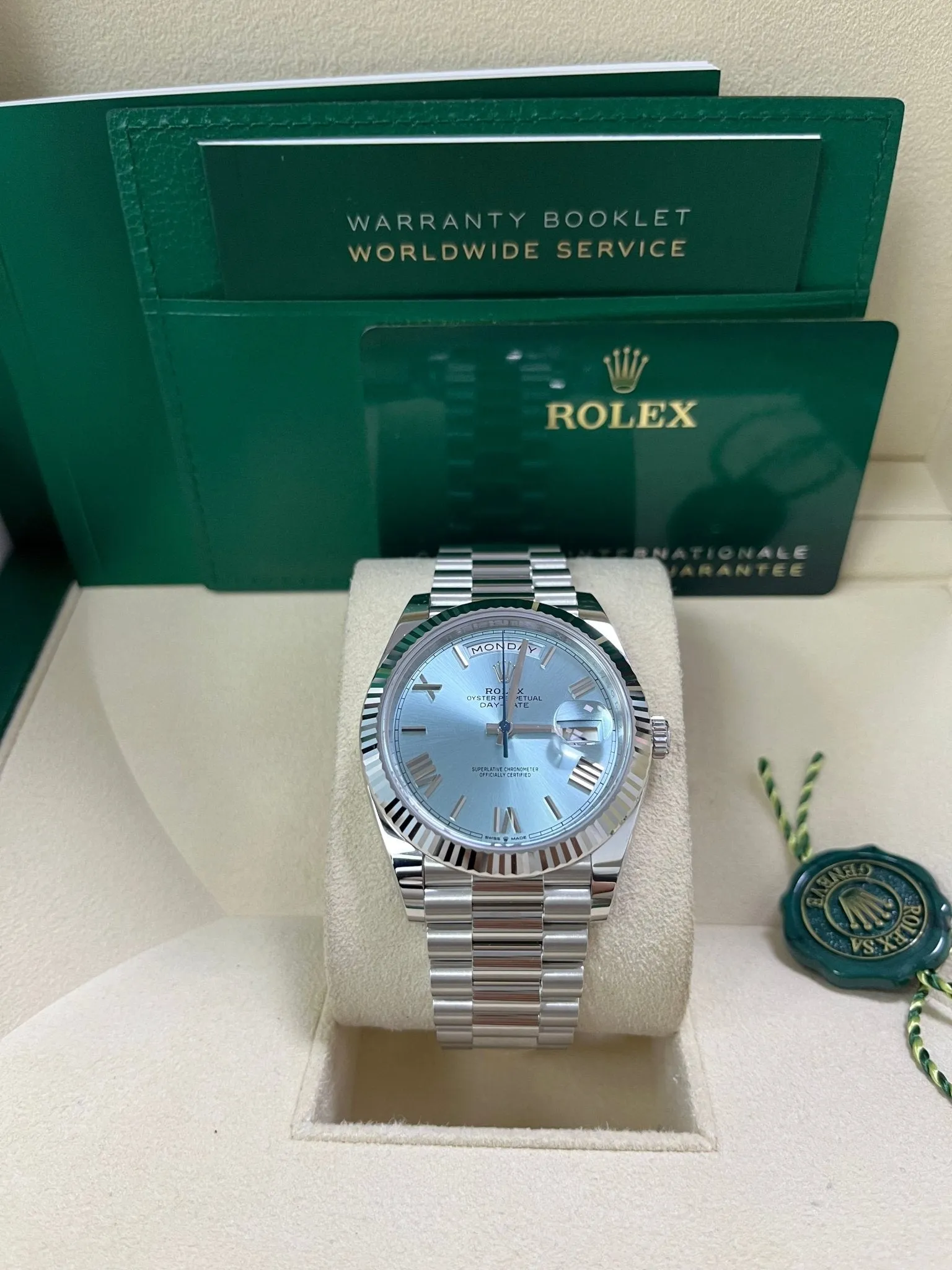 Rolex Day-Date 40 Platinum Day-Date 40 Watch - Fluted Bezel - Ice Blue Roman Dial President Bracelet 228236