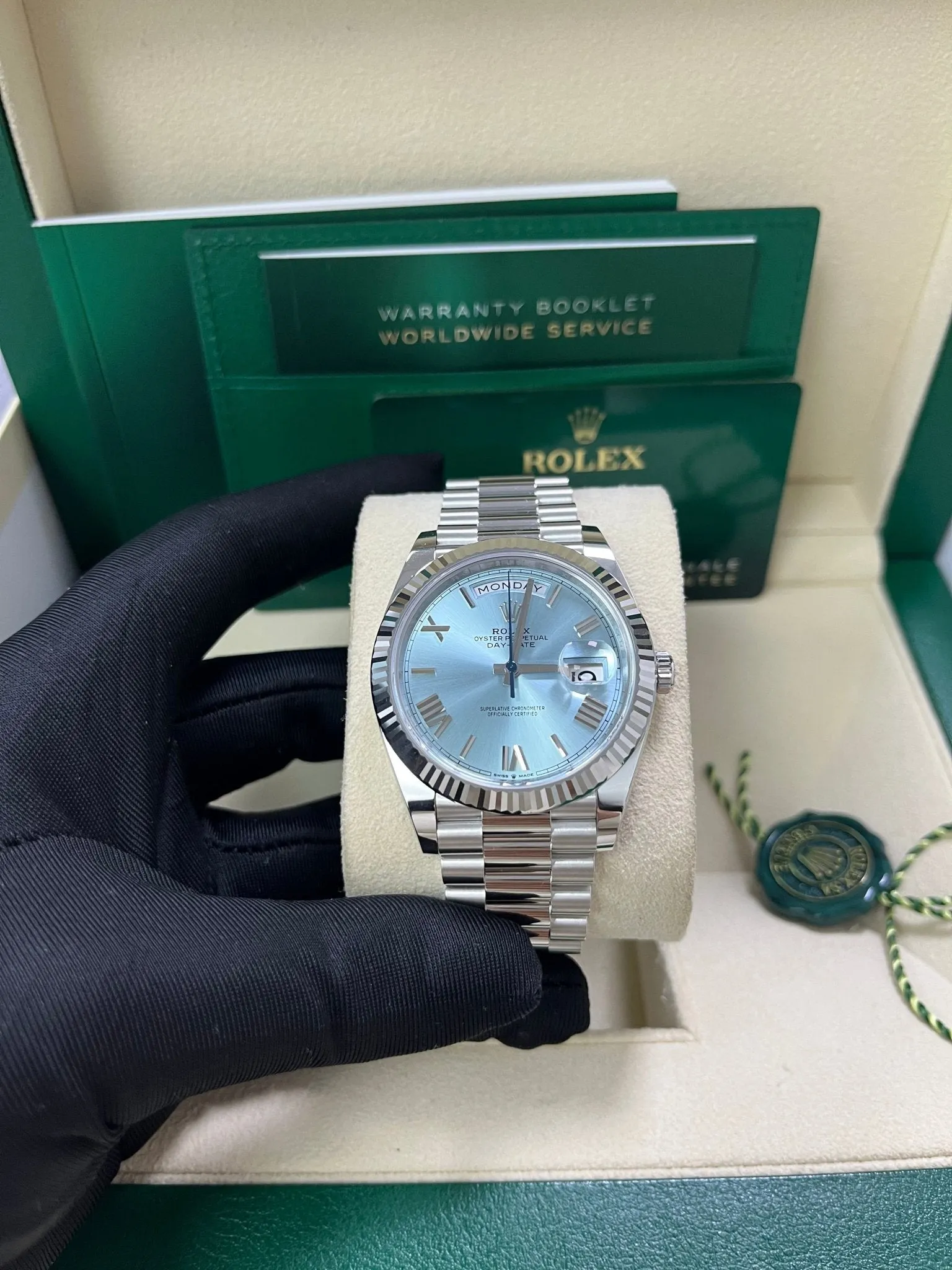 Rolex Day-Date 40 Platinum Day-Date 40 Watch - Fluted Bezel - Ice Blue Roman Dial President Bracelet 228236