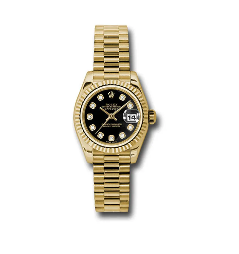 Rolex Yellow Gold Lady-Datejust 26 Watch - Fluted Bezel - Black Diamond Dial - President Bracelet - 179178 bkdp