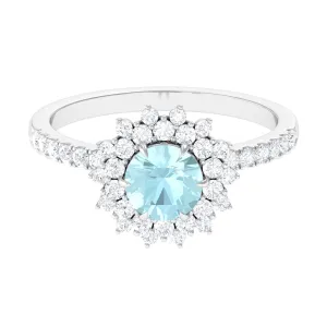 Round Sky Blue Topaz Statement Engagement Ring with Moissanite Cluster Halo