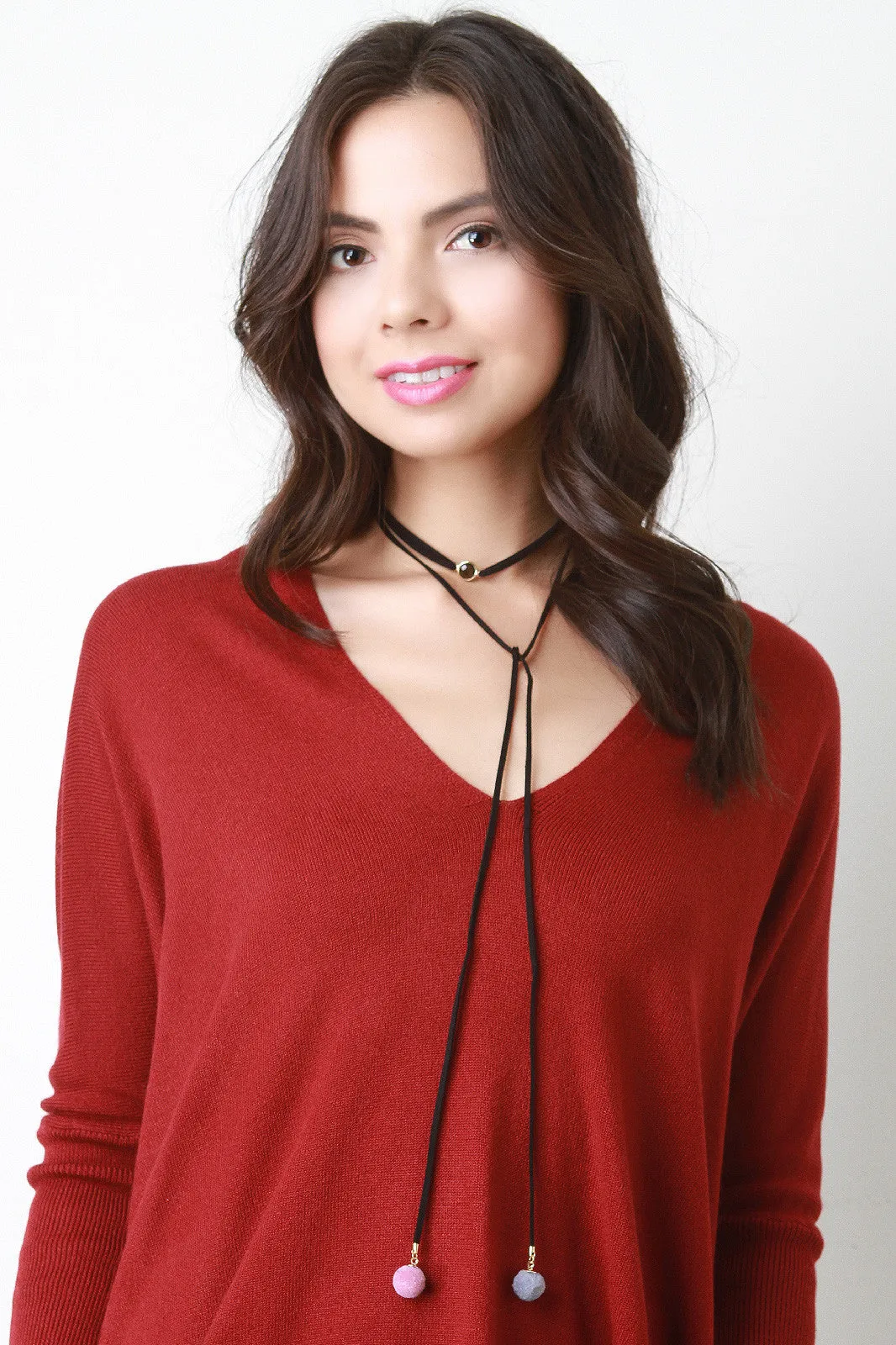 Self-Tie Pompom Vegan Suede Choker Necklace