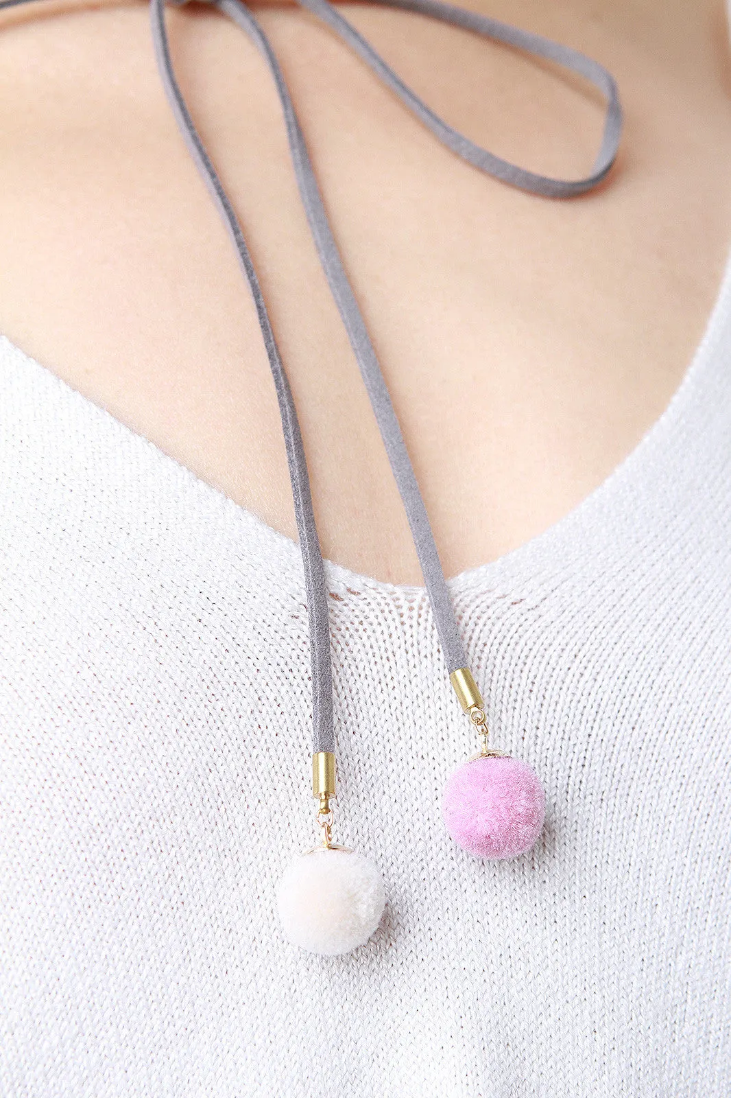 Self-Tie Pompom Vegan Suede Choker Necklace