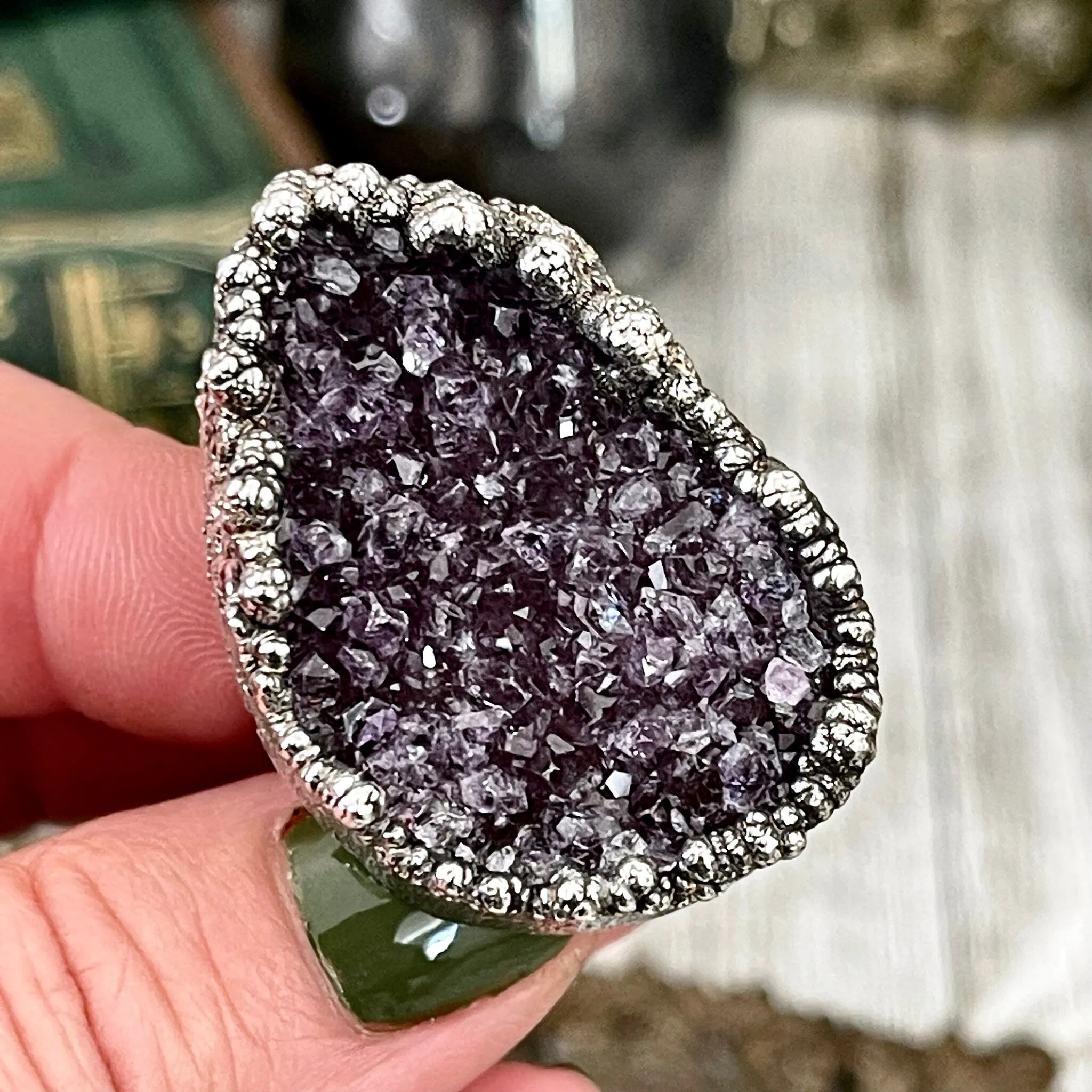 Size 8.5 Big Raw Amethyst Purple Crystal Ring in Fine Silver / Foxlark Collection - One of a Kind