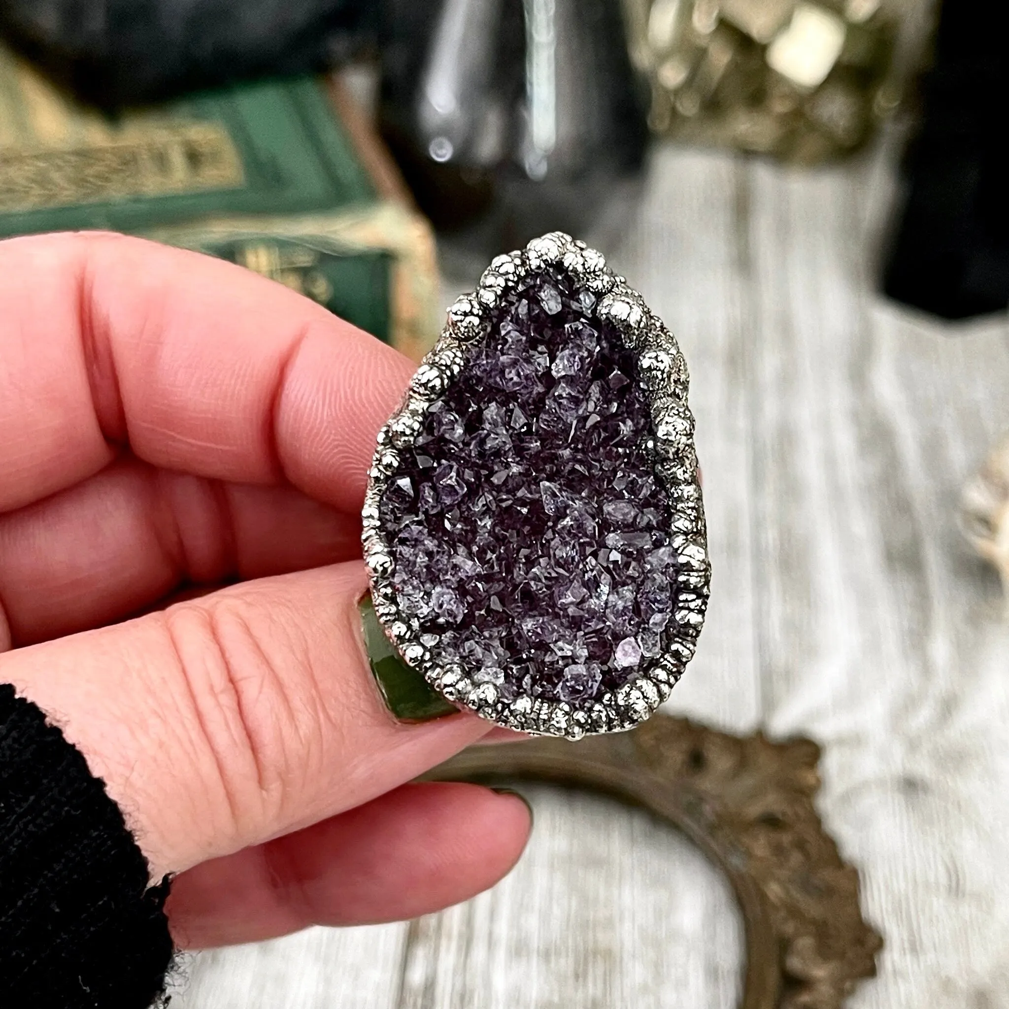 Size 8.5 Big Raw Amethyst Purple Crystal Ring in Fine Silver / Foxlark Collection - One of a Kind