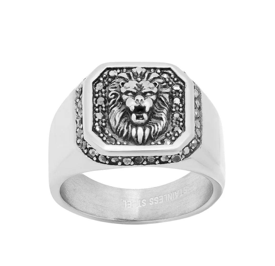 SteelTime Lion's Head Stone Accented Statement Ring