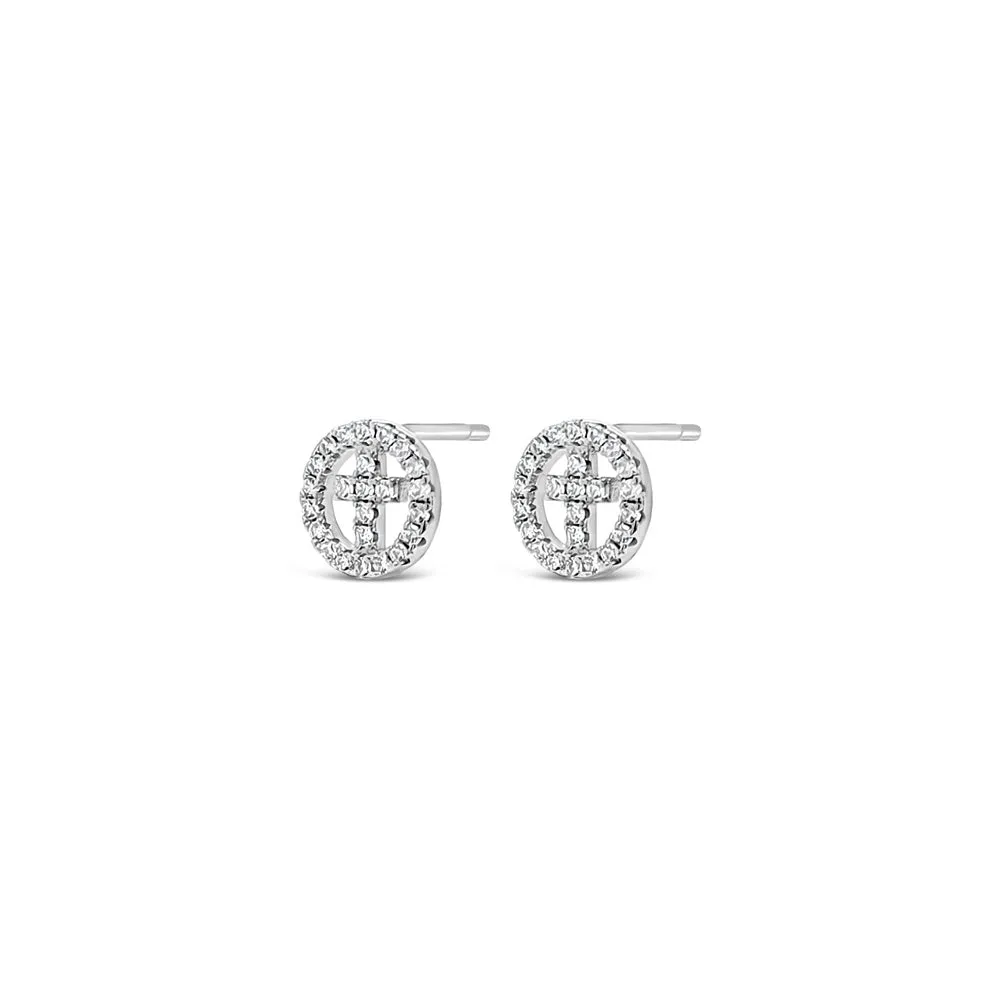 Sterling Silver Cross in Circle Stud Earring