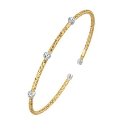 Sterling/18K Gold Finish Yellow & White Woven Cuff Bracelet with Cubic Zirconium Size 7