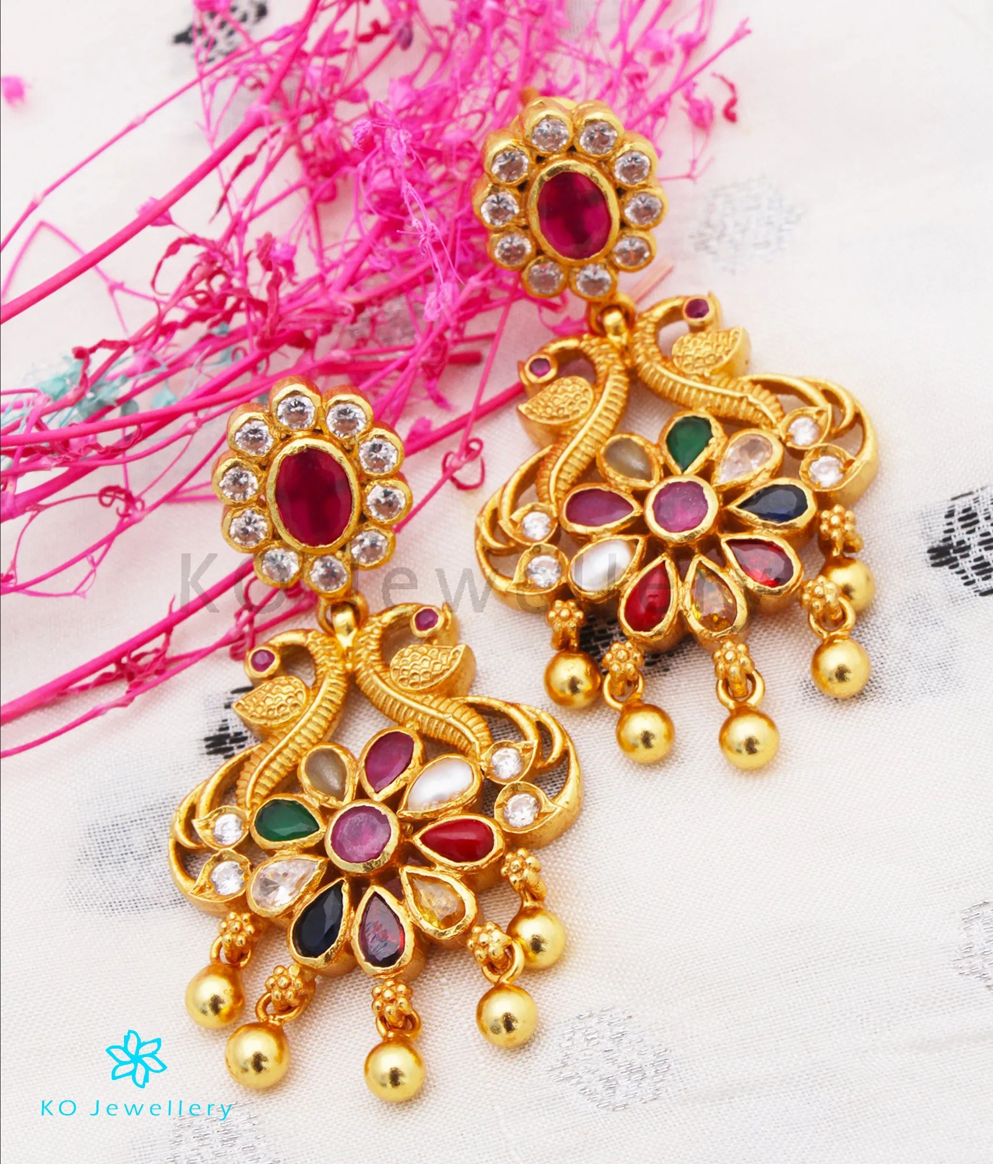 The Vansh Silver Navratna Peacock Earrings