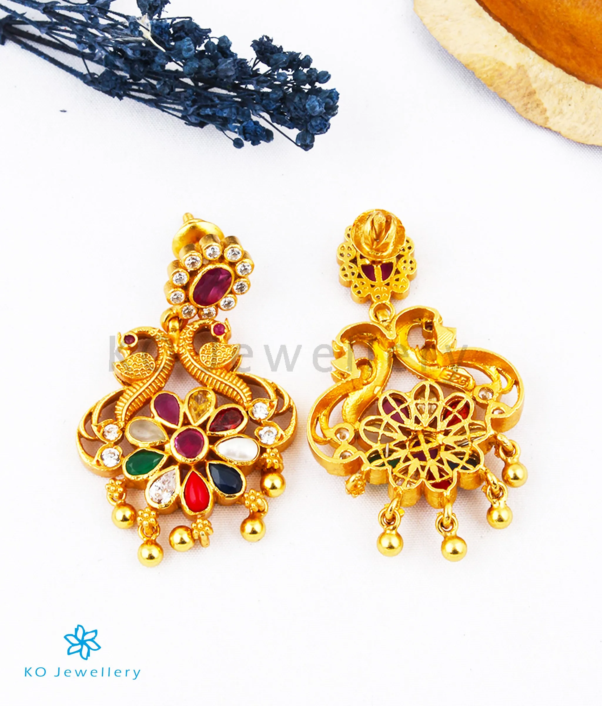 The Vansh Silver Navratna Peacock Earrings