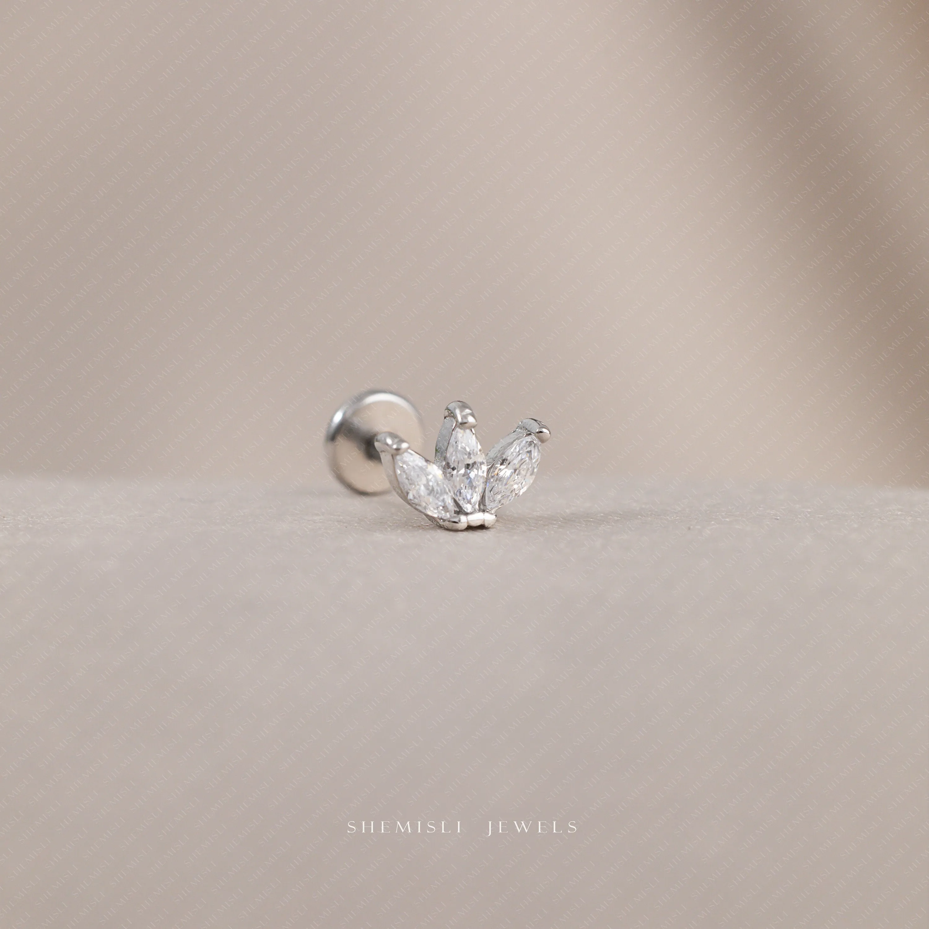 Tiny 3 Leaf White Stone Threadless Flat Back Tragus Stud, 20,18,16ga, 5-10mm, Unisex, Surgical Steel, SHEMISLI SS549