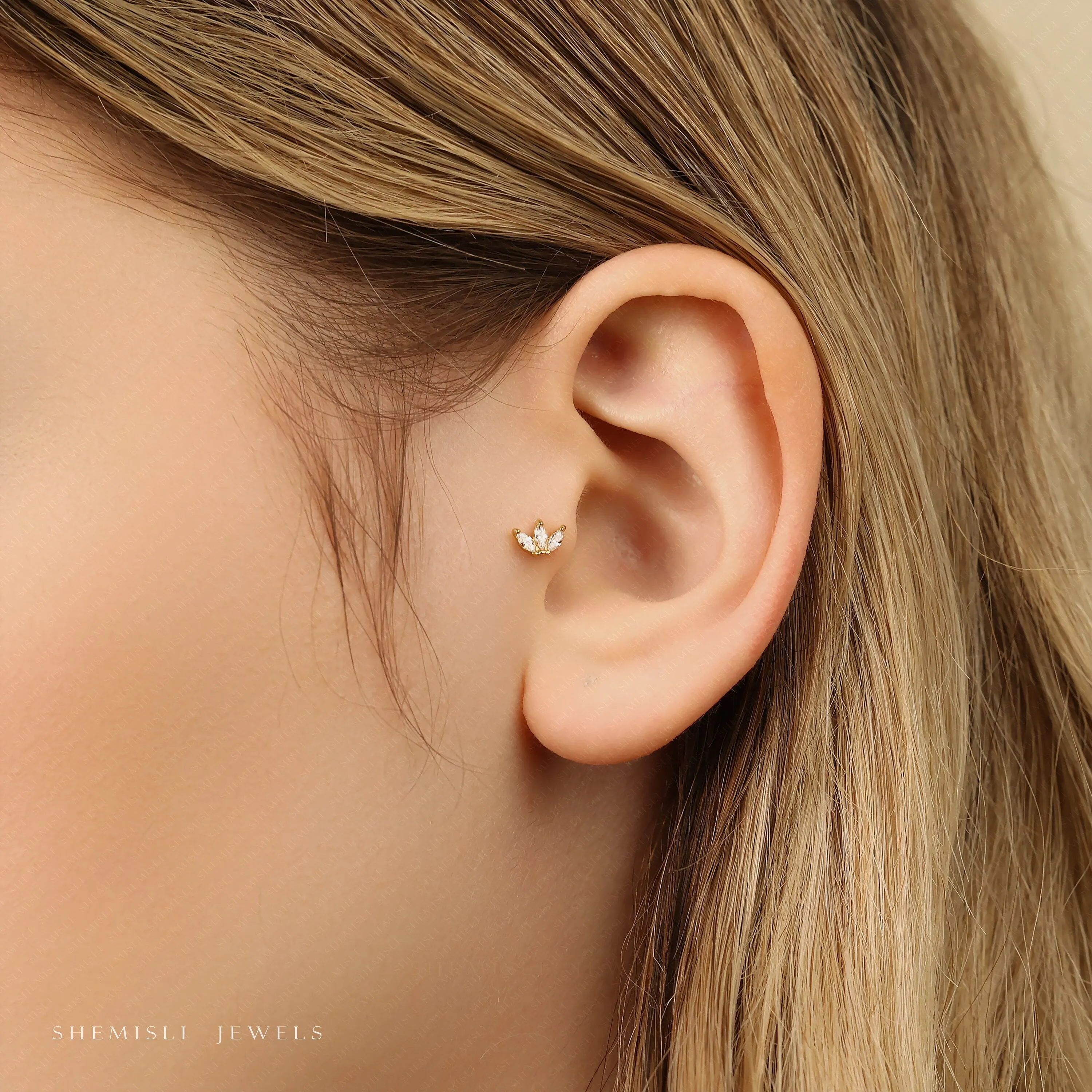 Tiny 3 Leaf White Stone Threadless Flat Back Tragus Stud, 20,18,16ga, 5-10mm, Unisex, Surgical Steel, SHEMISLI SS549