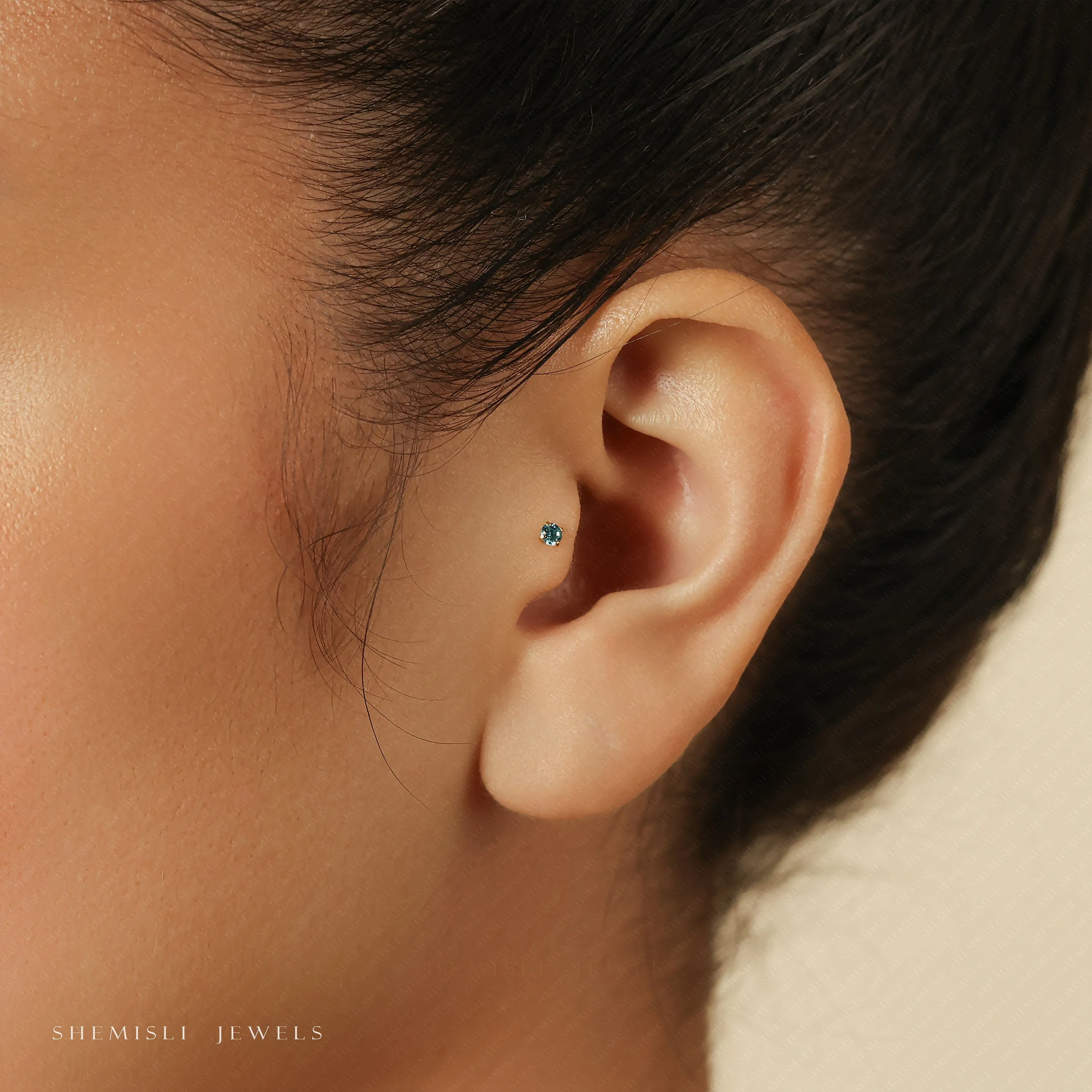 Tiny Blue Zircon Threadless Flat Back Tragus Stud, December Birthstone, 20,18,16ga, 5-10mm, Unisex, Surgical Steel SS631