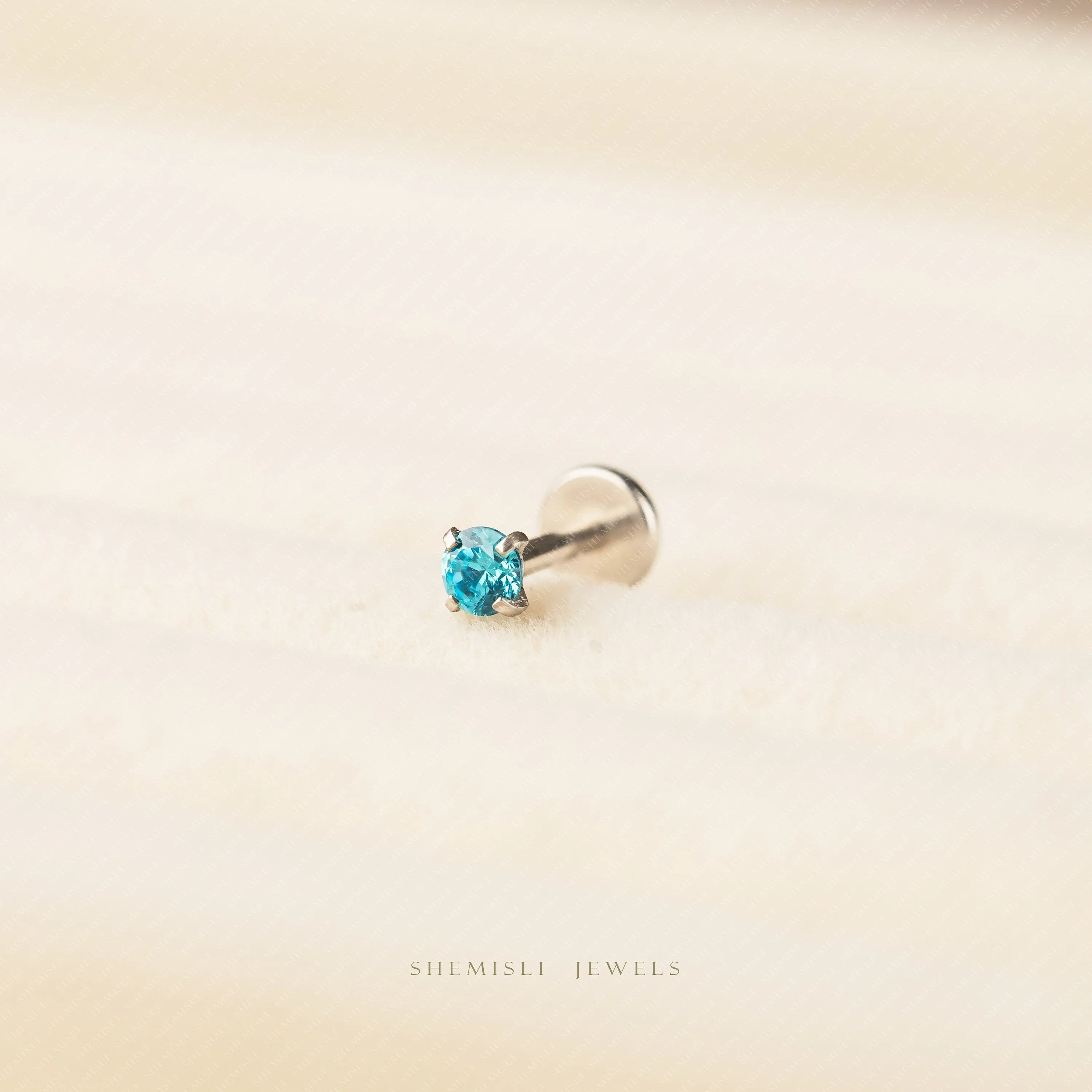 Tiny Blue Zircon Threadless Flat Back Tragus Stud, December Birthstone, 20,18,16ga, 5-10mm, Unisex, Surgical Steel SS631