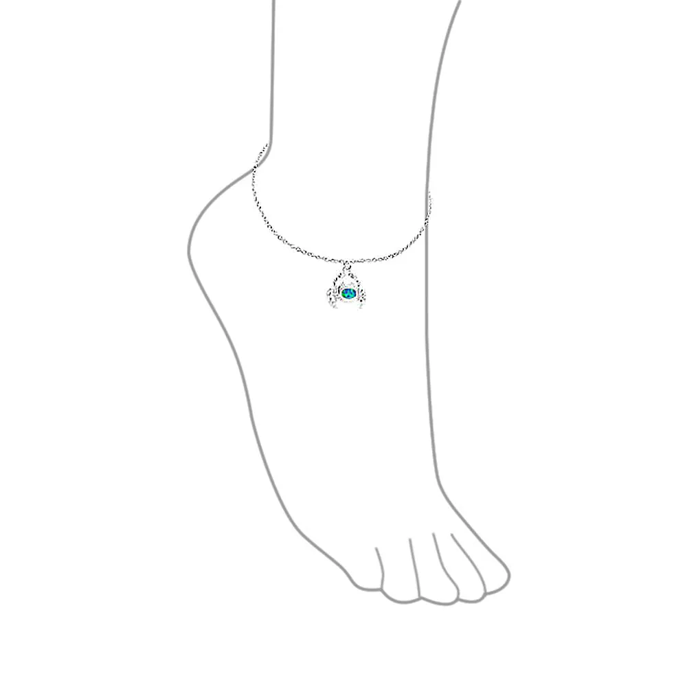 Tropical Beach Sand Crab Blue Opal Charm Anklet Ankle Bracelet Sterling Silver