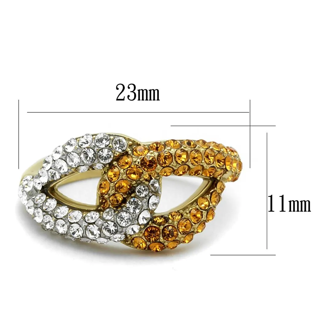 Two-Tone IP Gold (Ion Plating) Stainless Steel Ring with Top Grade Crystal in Topaz for Women Style TK2251