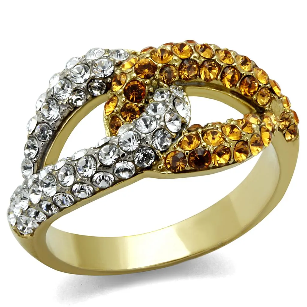 Two-Tone IP Gold (Ion Plating) Stainless Steel Ring with Top Grade Crystal in Topaz for Women Style TK2251