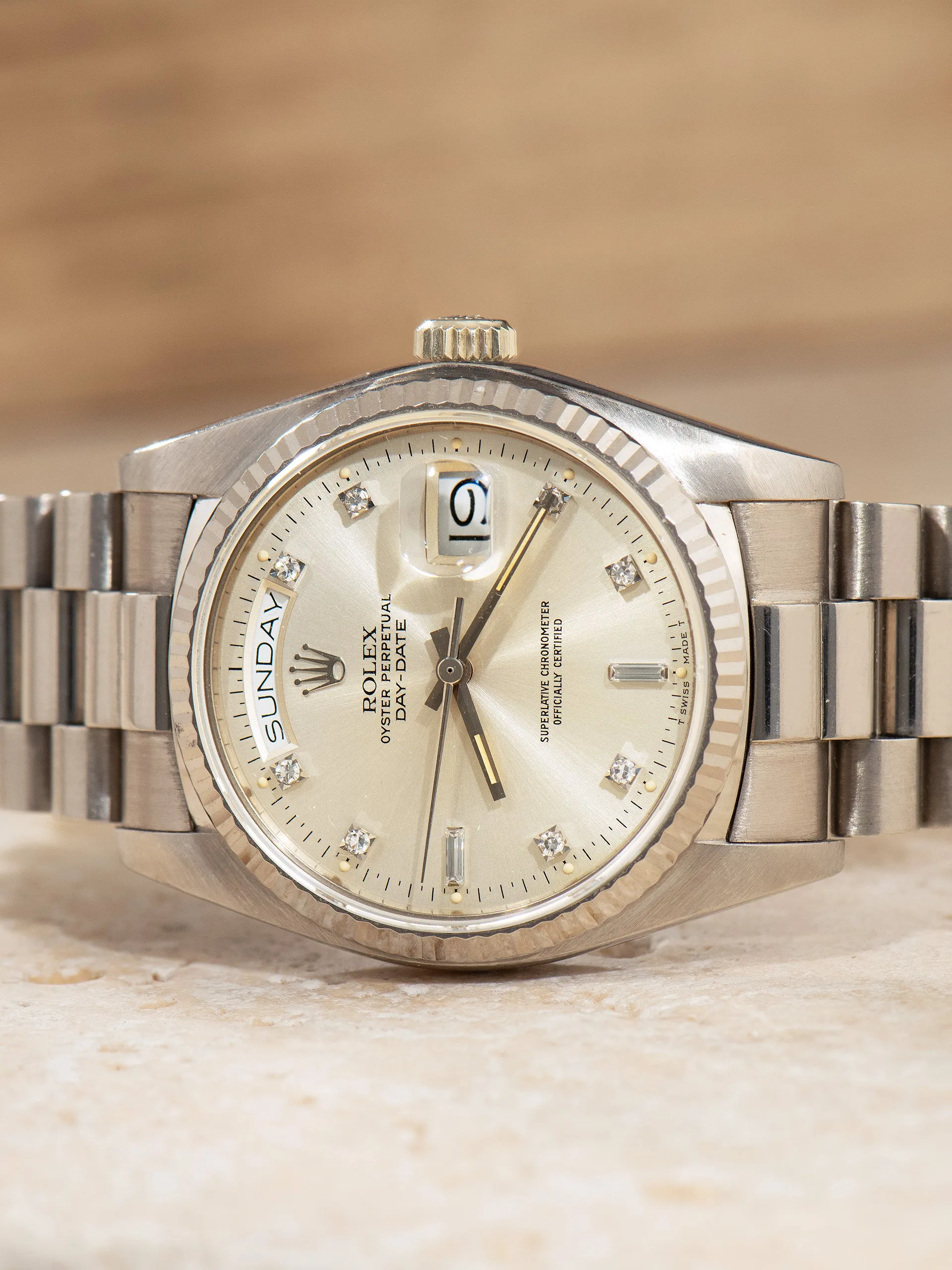 *Unpolished* 1983 Rolex Day-Date 18K WG (Ref. 18039) Silver Diamond Dial