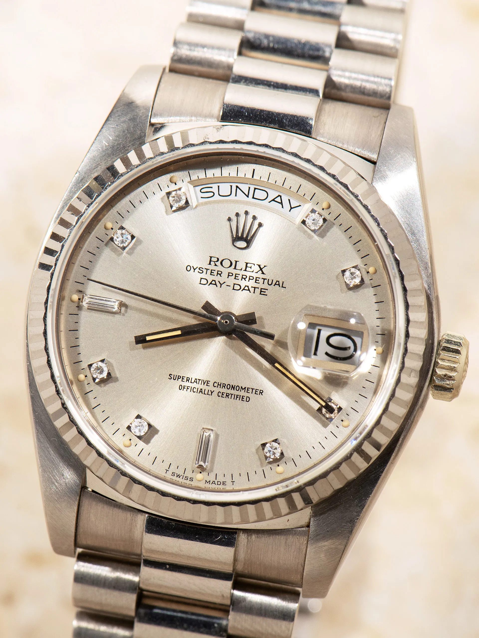 *Unpolished* 1983 Rolex Day-Date 18K WG (Ref. 18039) Silver Diamond Dial