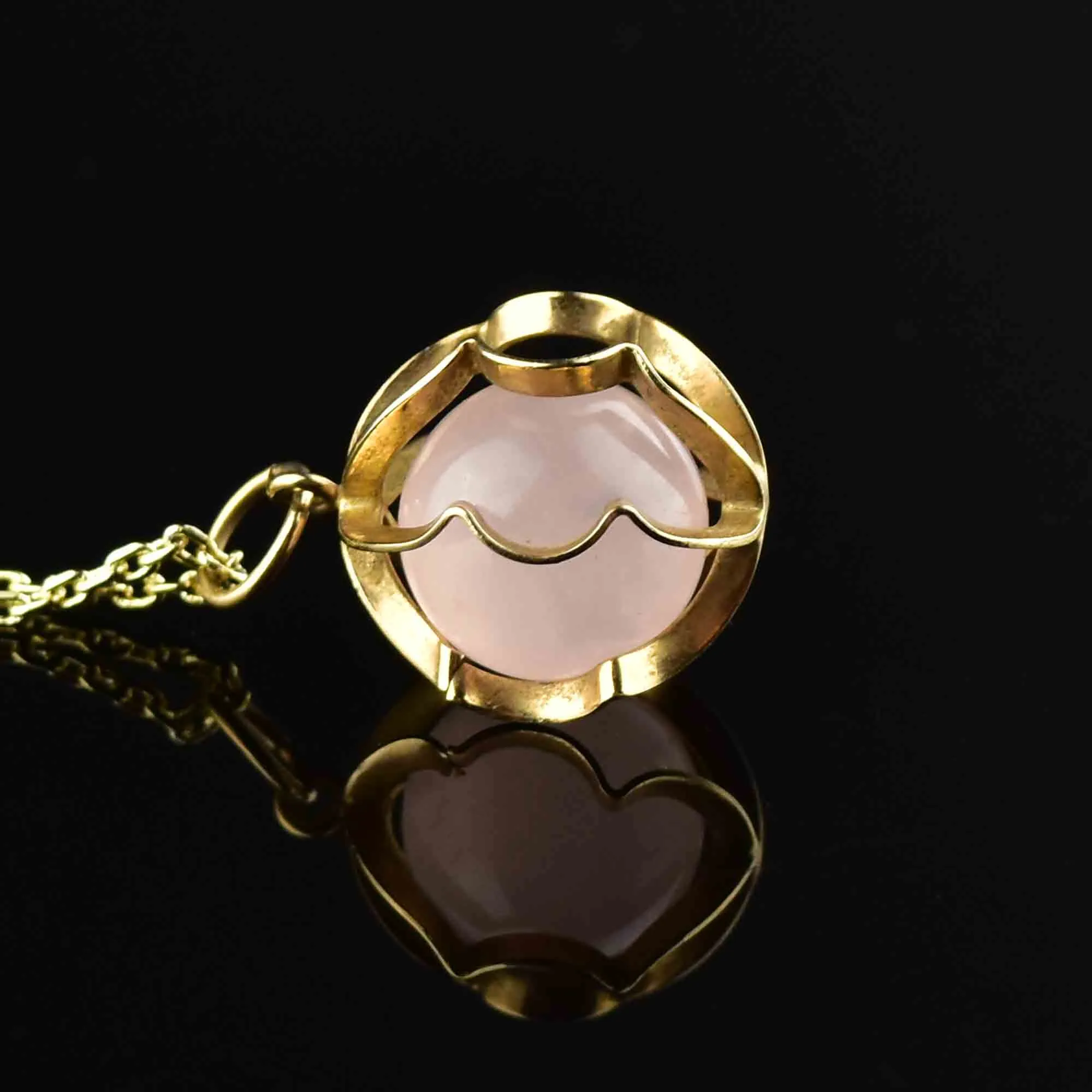 Vintage 9K Gold Rose Quartz Ball Pendant Necklace