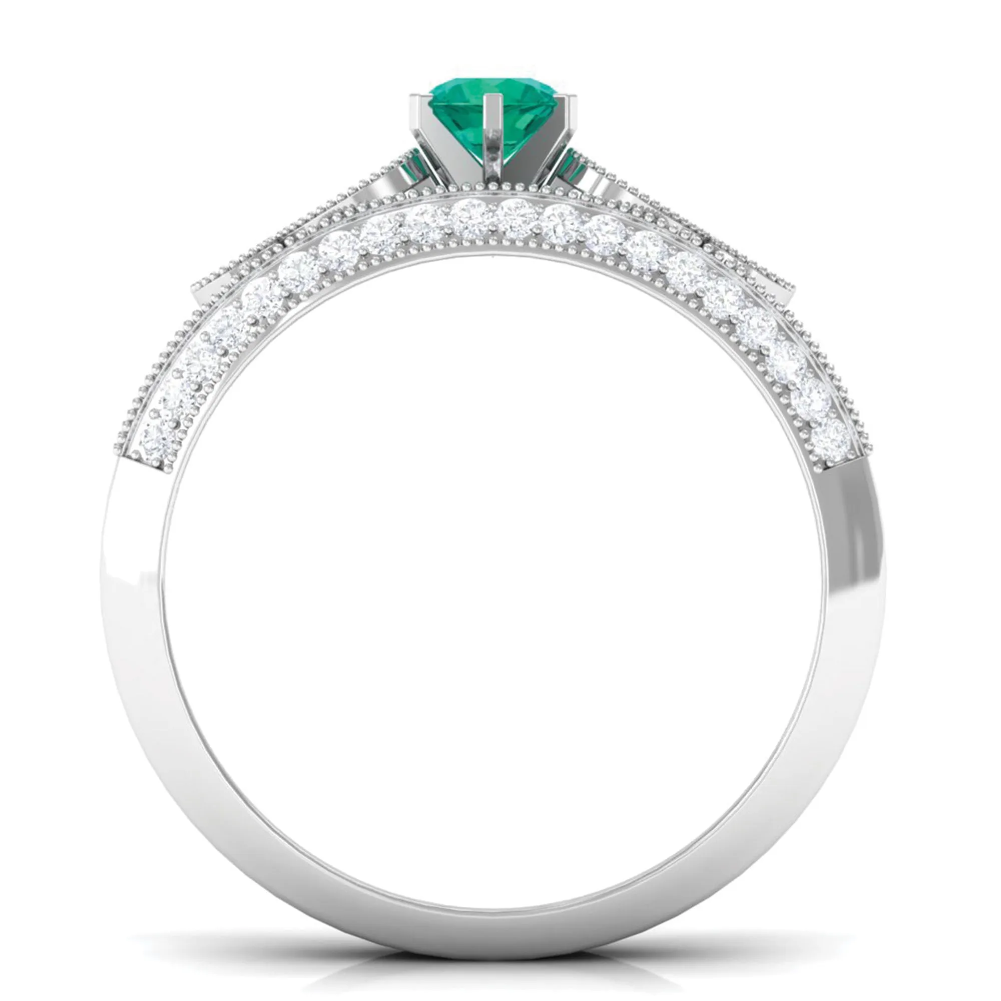 Vintage Inspired Real Emerald Wedding Ring Set with Diamond