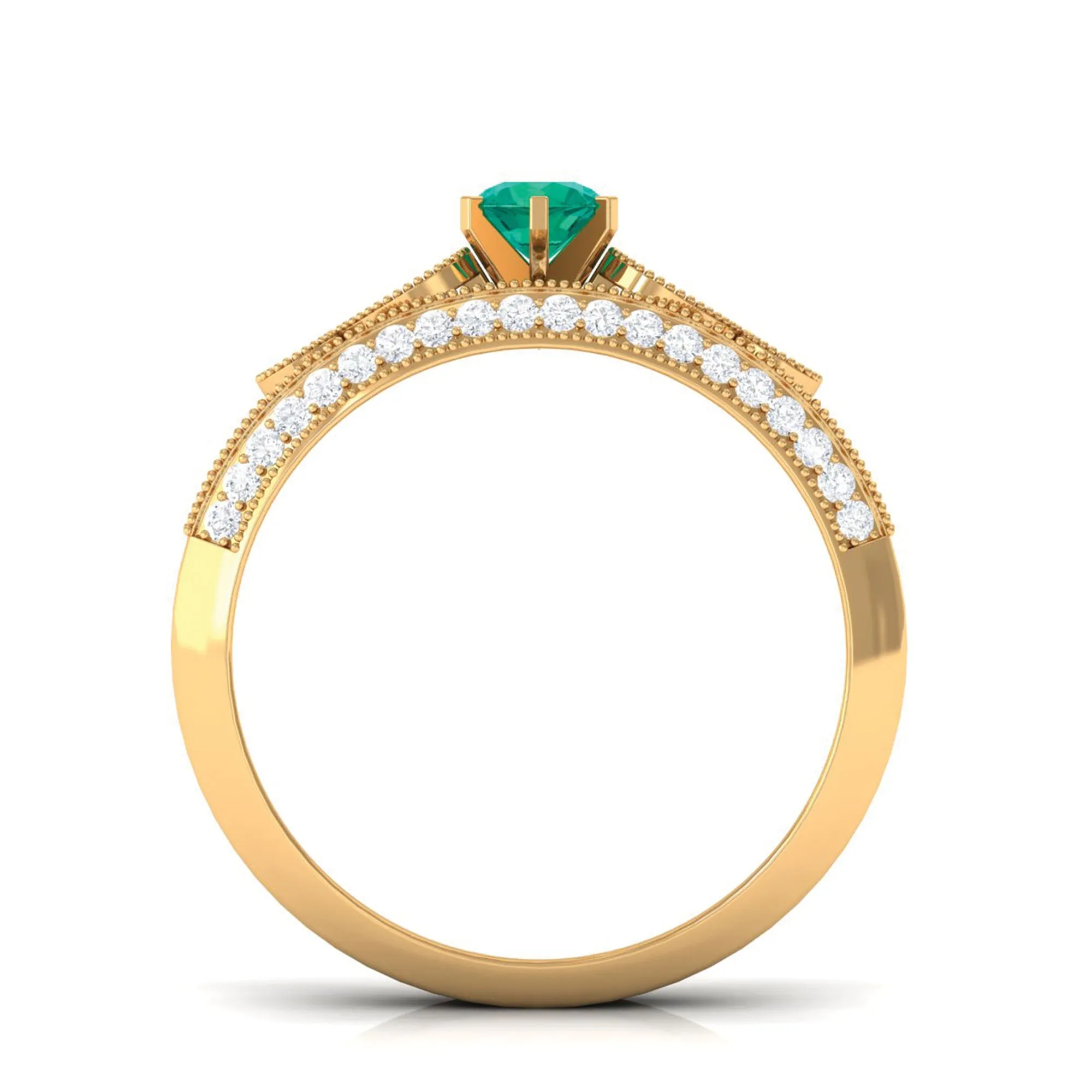 Vintage Inspired Real Emerald Wedding Ring Set with Diamond