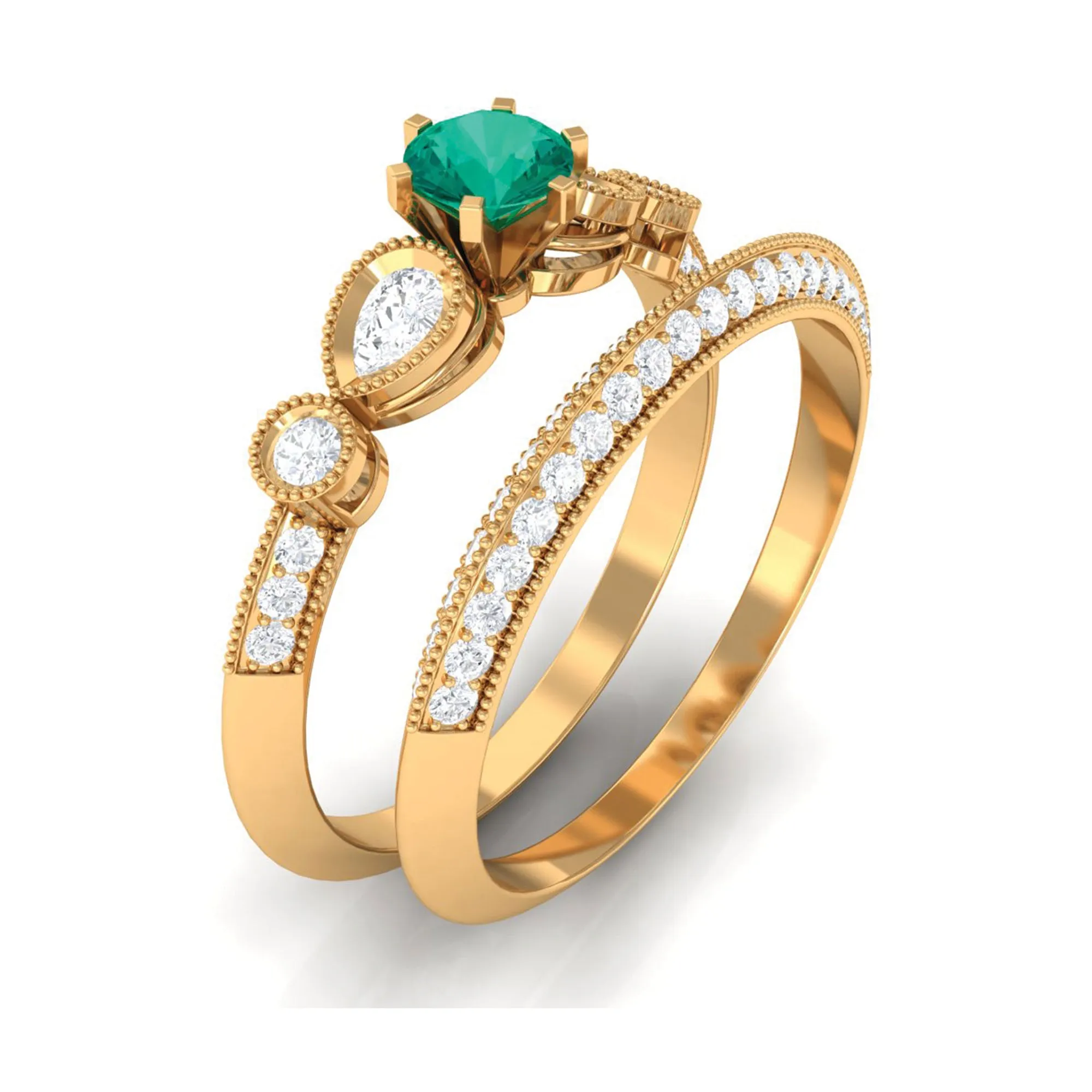 Vintage Inspired Real Emerald Wedding Ring Set with Diamond