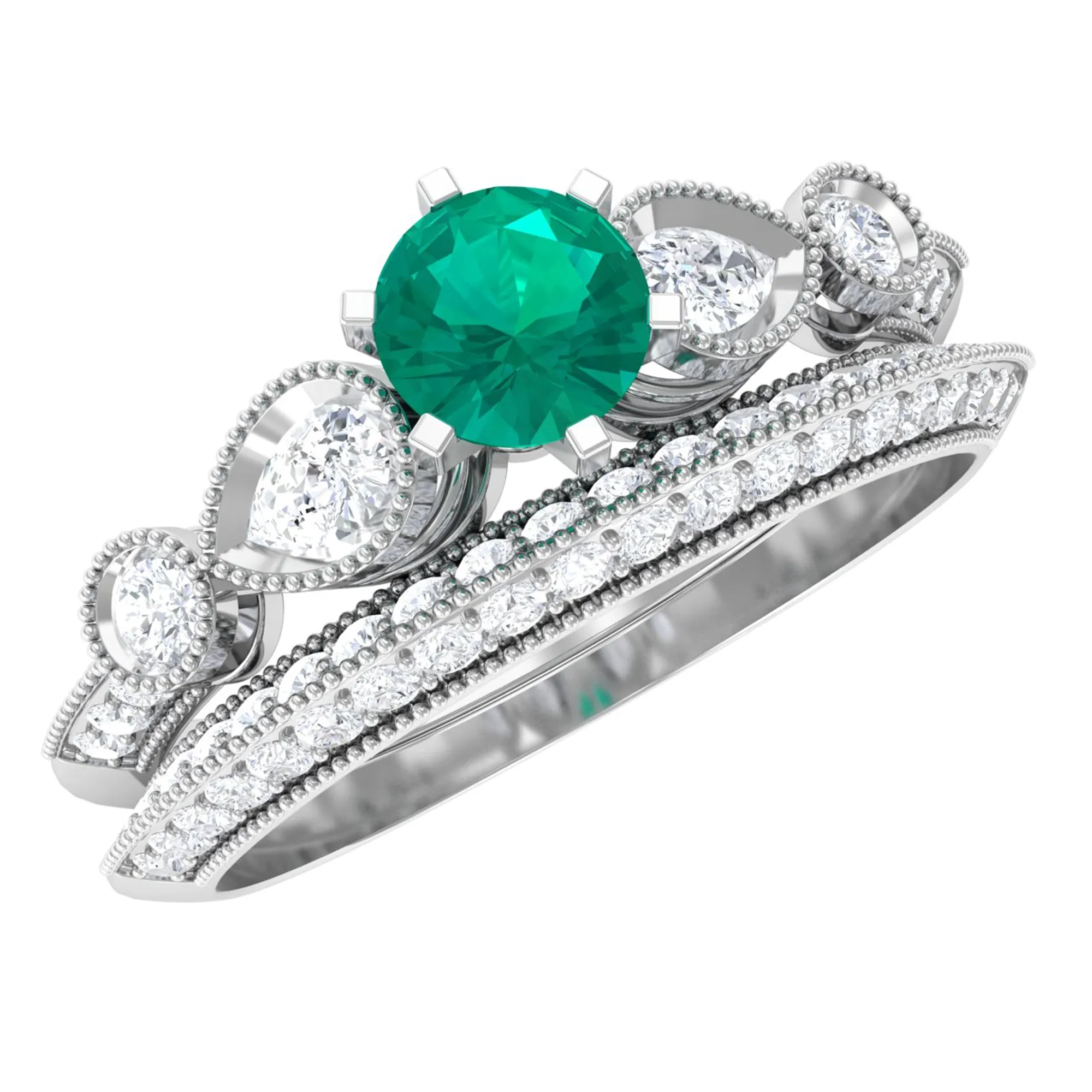 Vintage Inspired Real Emerald Wedding Ring Set with Diamond