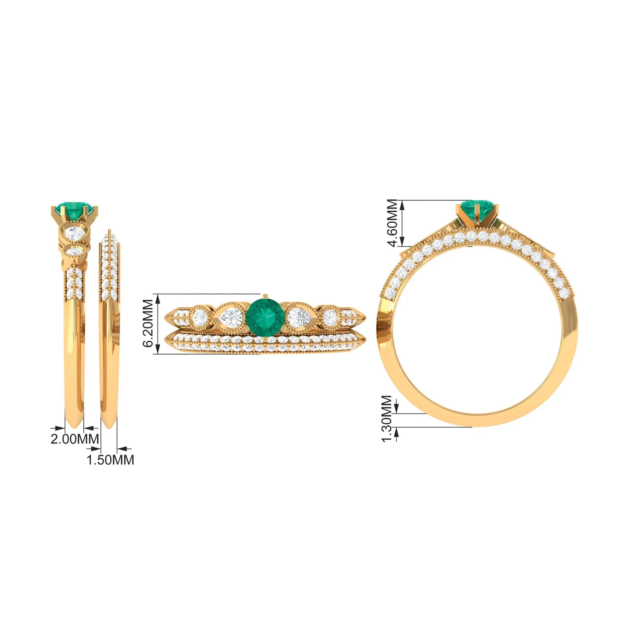 Vintage Inspired Real Emerald Wedding Ring Set with Diamond