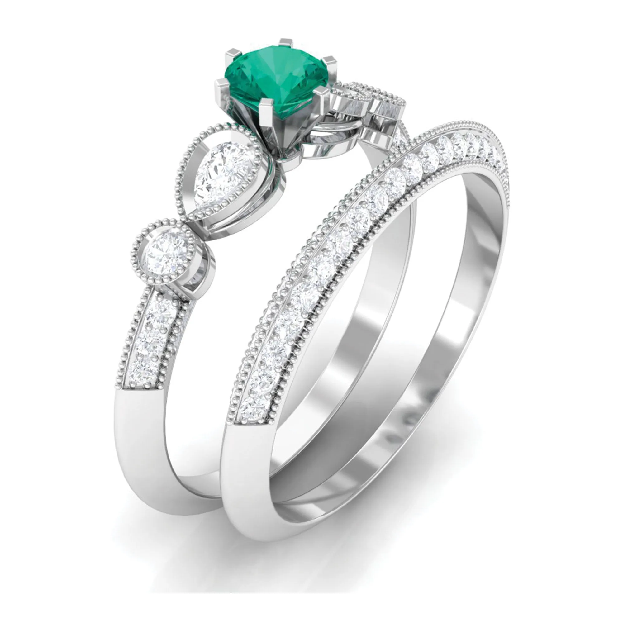 Vintage Inspired Real Emerald Wedding Ring Set with Diamond