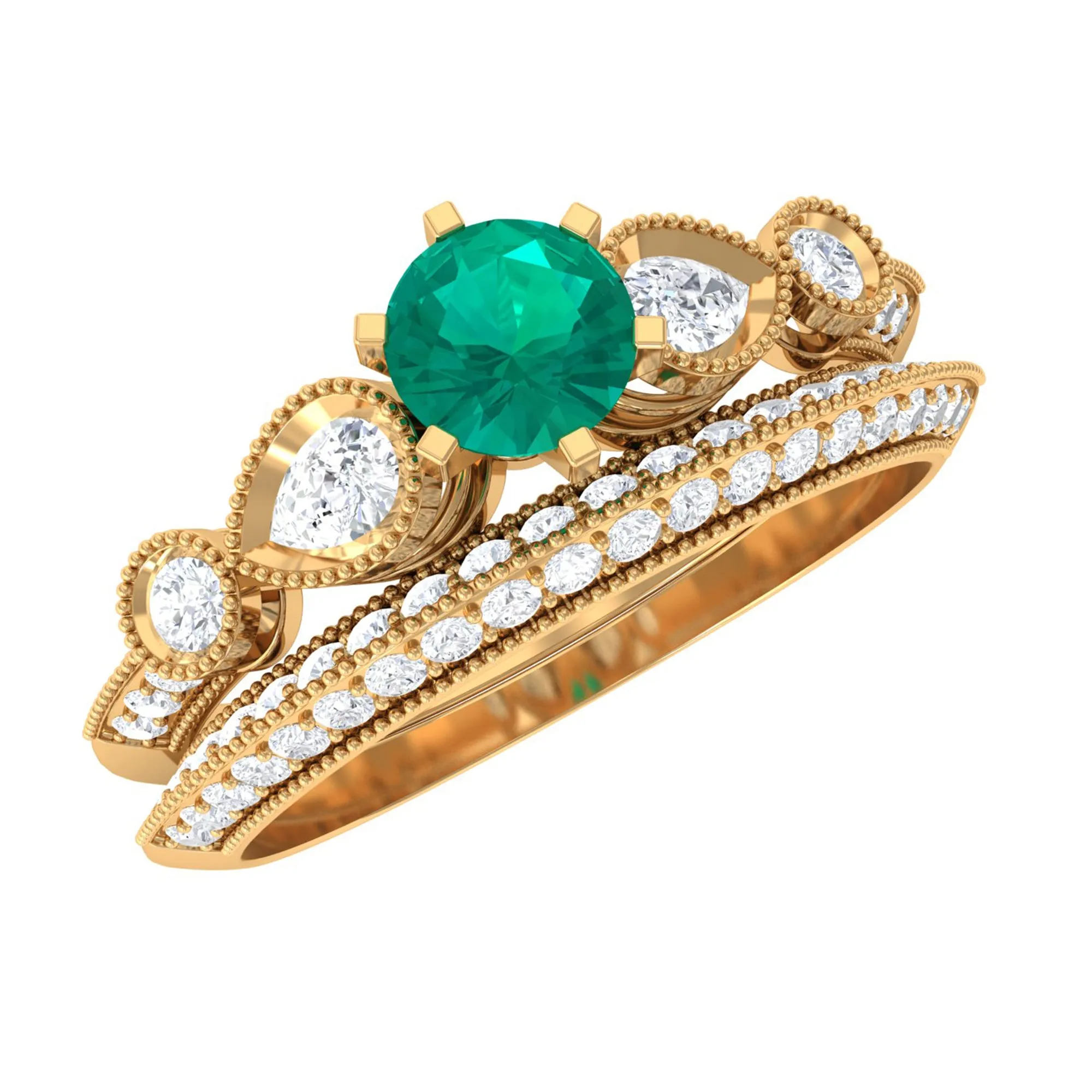 Vintage Inspired Real Emerald Wedding Ring Set with Diamond