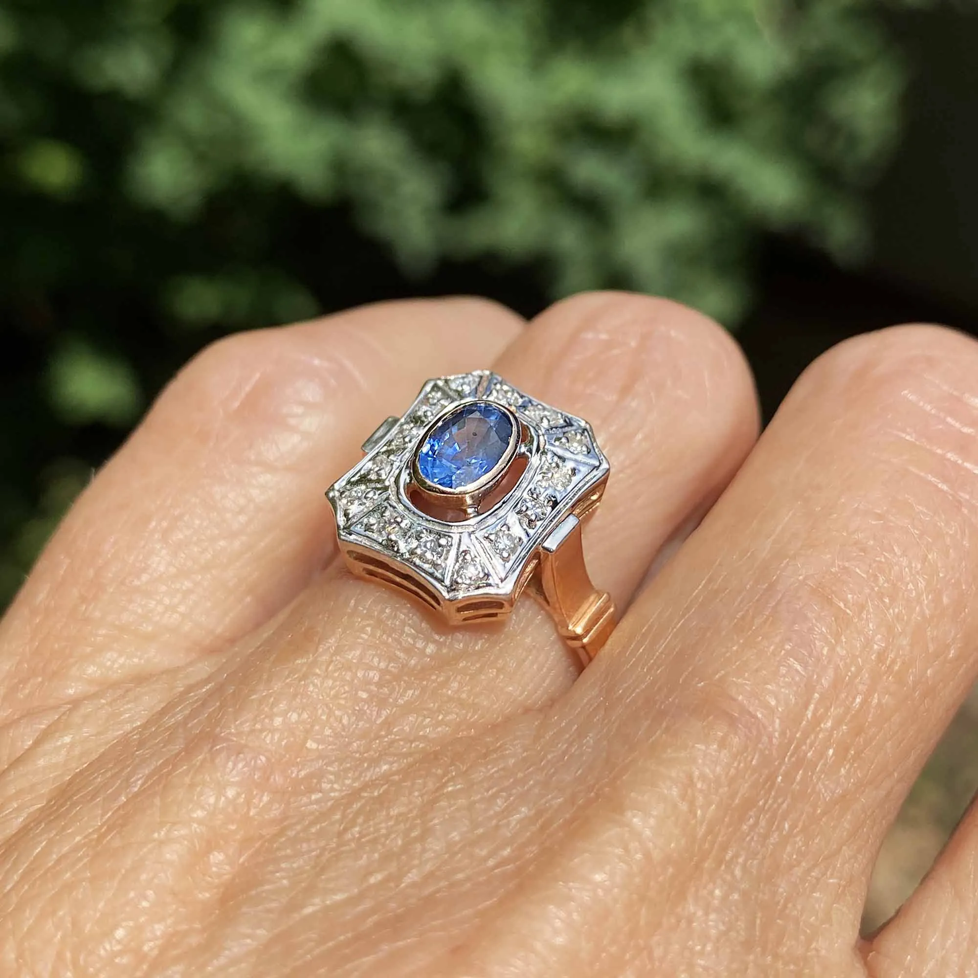 Vintage Sapphire Diamond Cluster Ring in 14K Gold