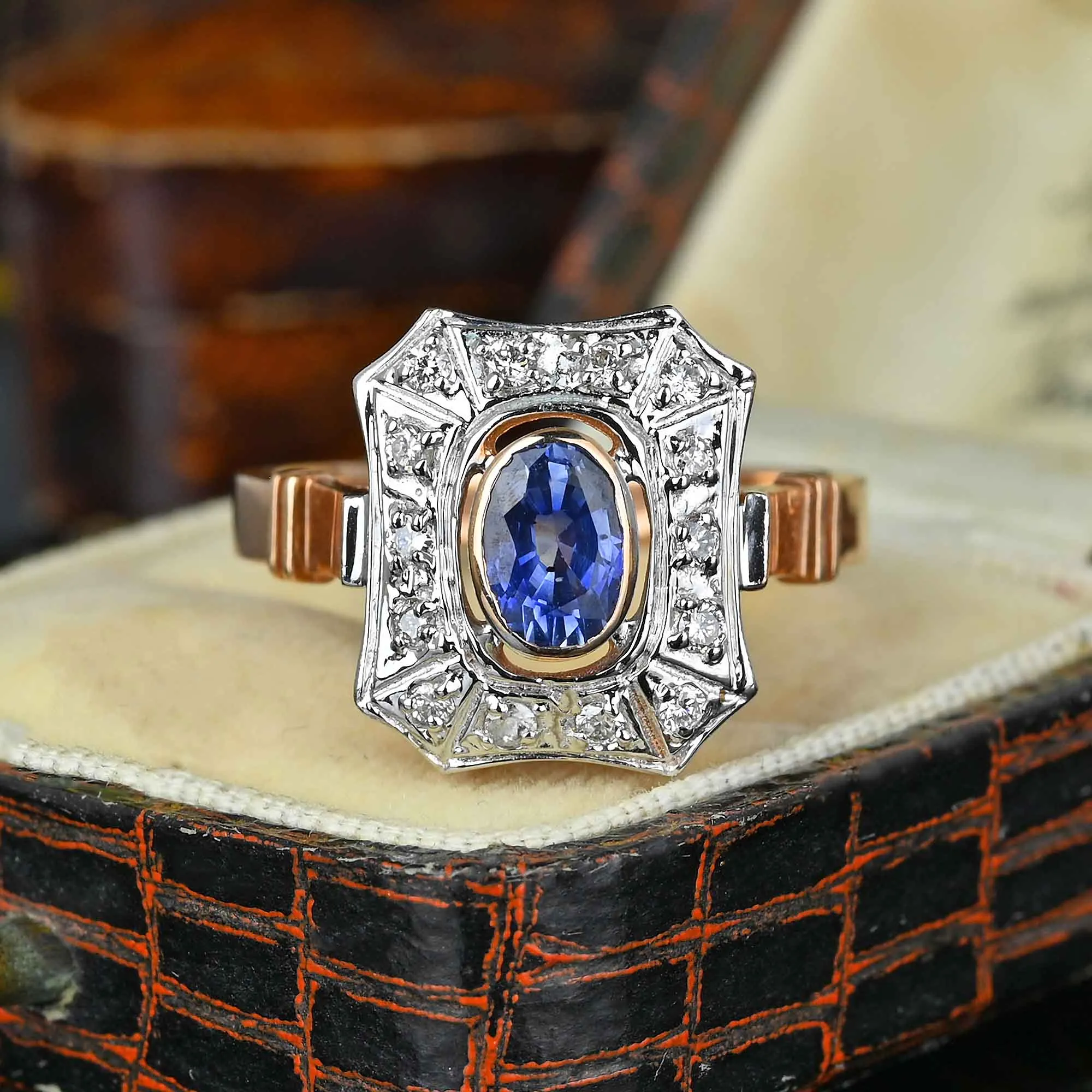 Vintage Sapphire Diamond Cluster Ring in 14K Gold