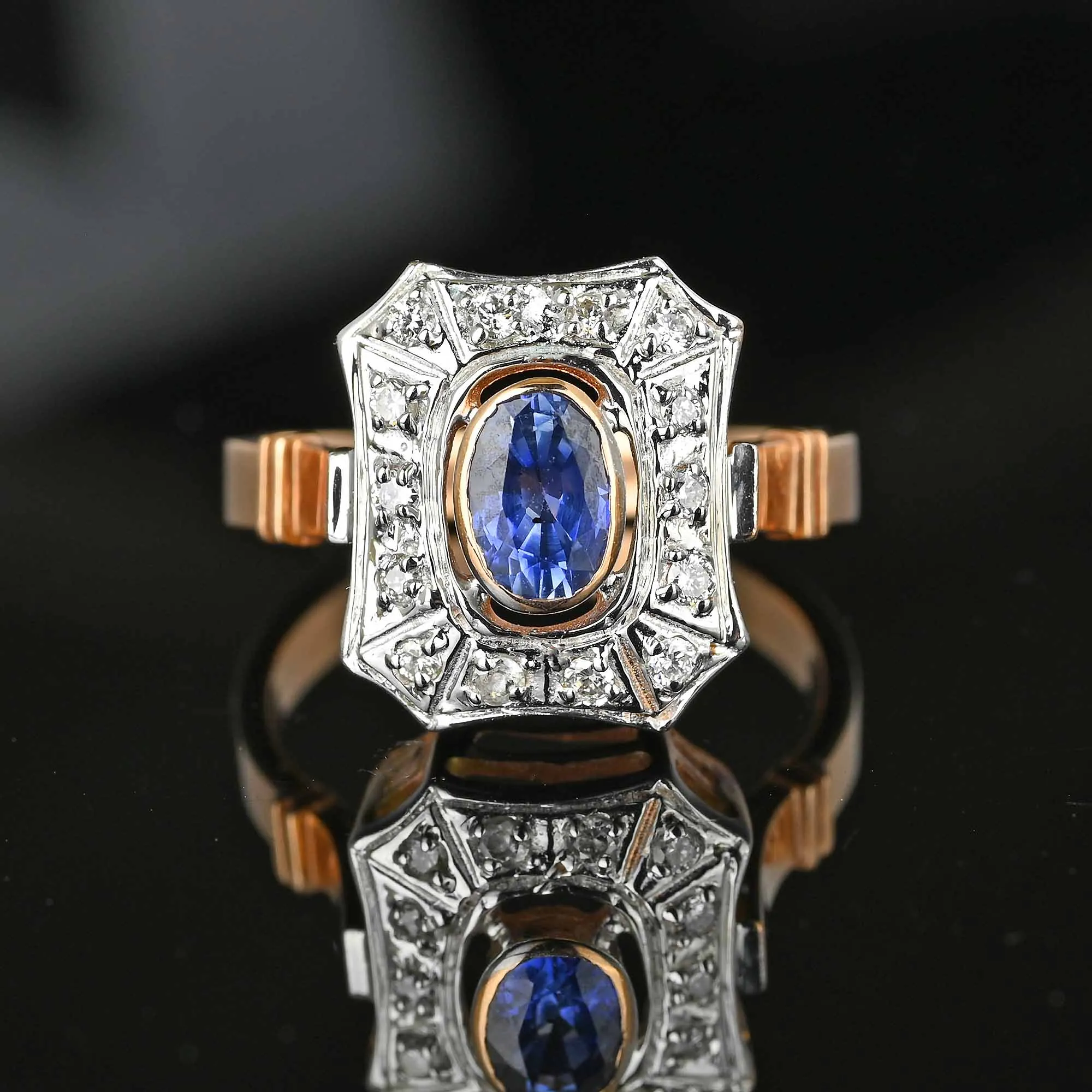 Vintage Sapphire Diamond Cluster Ring in 14K Gold