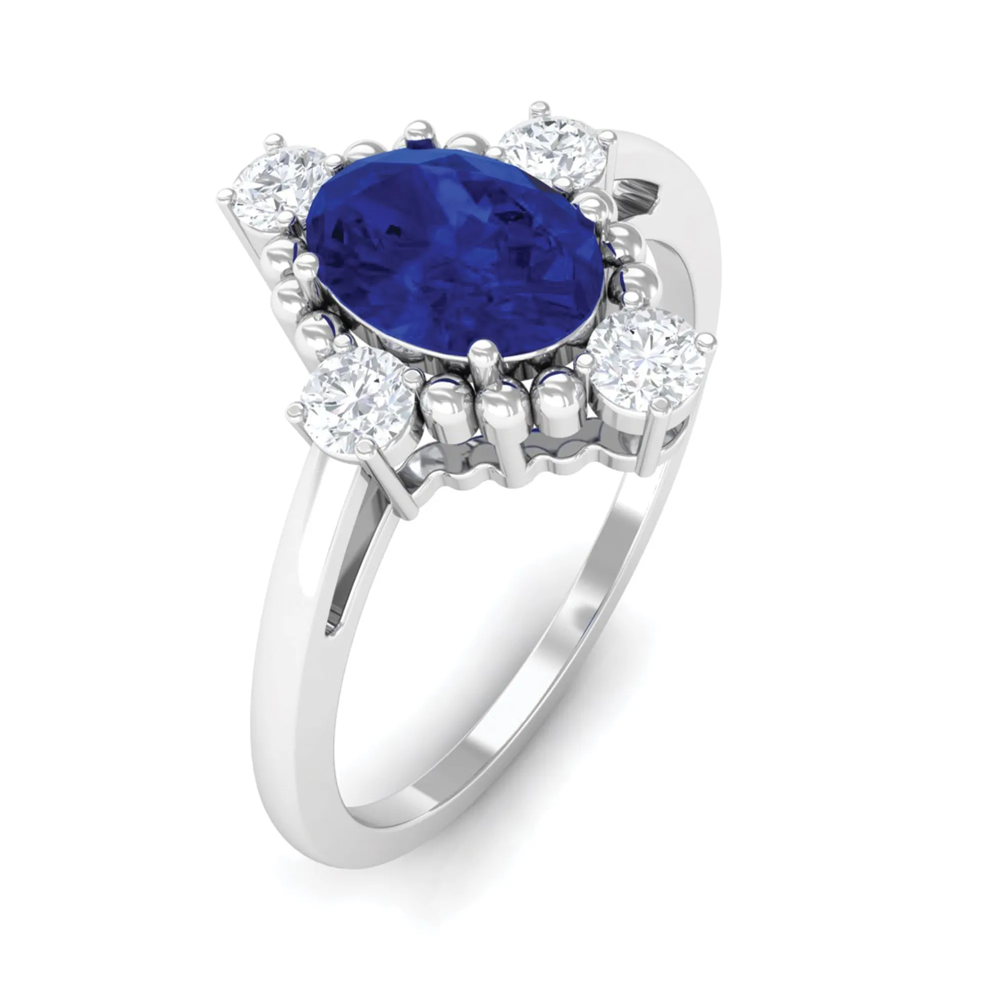 Vintage Style Created Blue Sapphire Solitaire Engagement Ring with Diamond