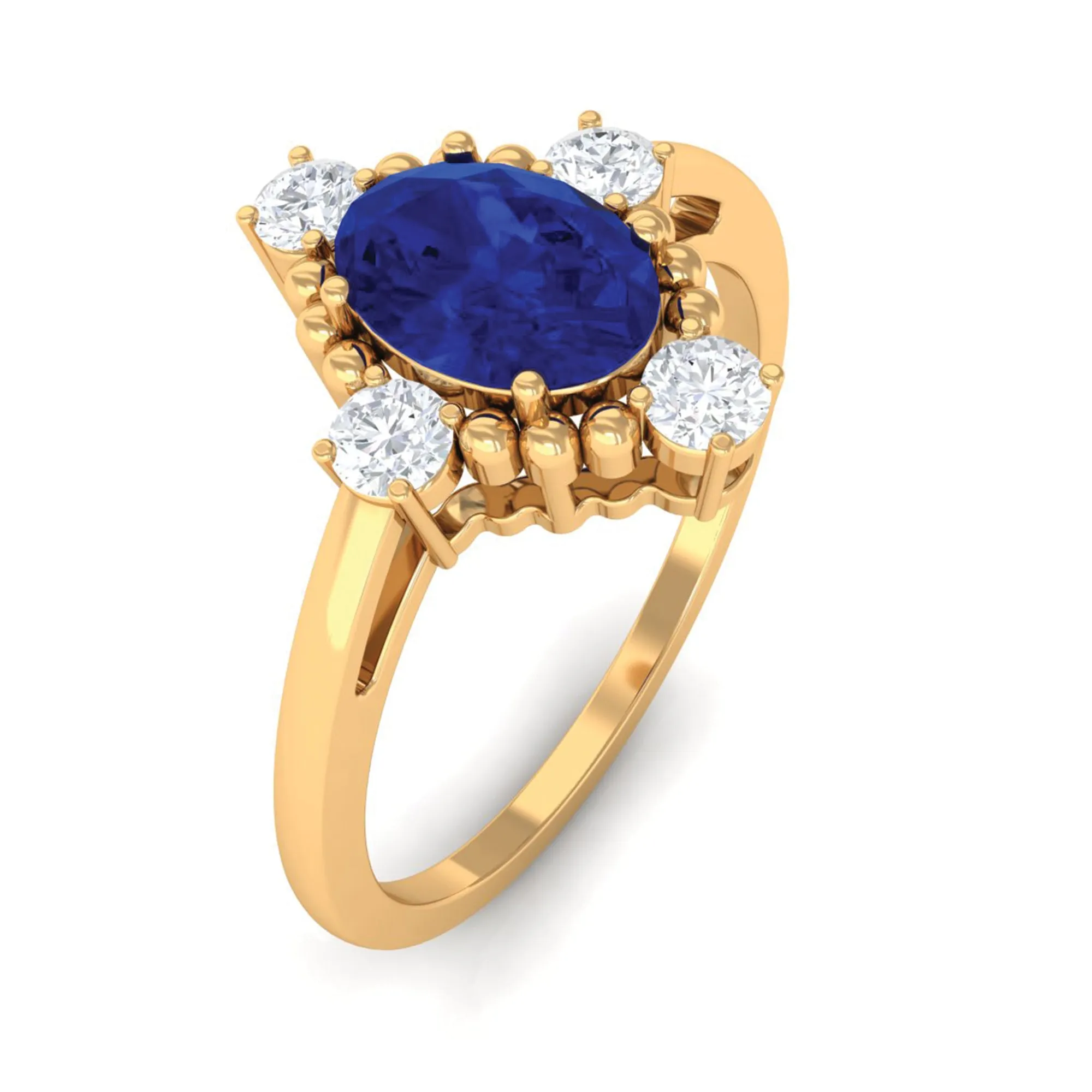 Vintage Style Created Blue Sapphire Solitaire Engagement Ring with Diamond