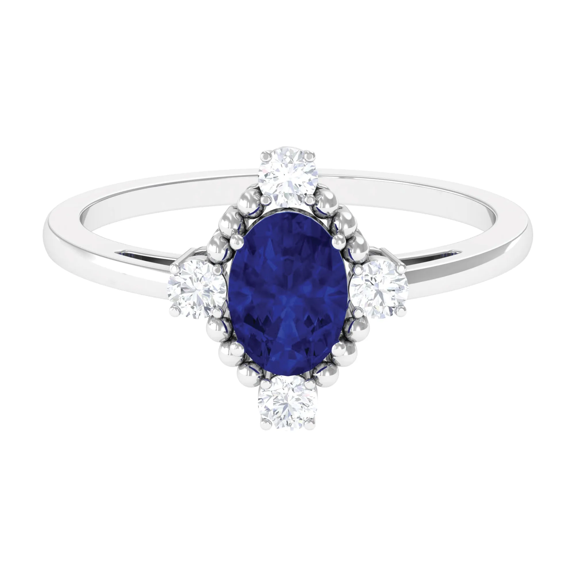 Vintage Style Created Blue Sapphire Solitaire Engagement Ring with Diamond