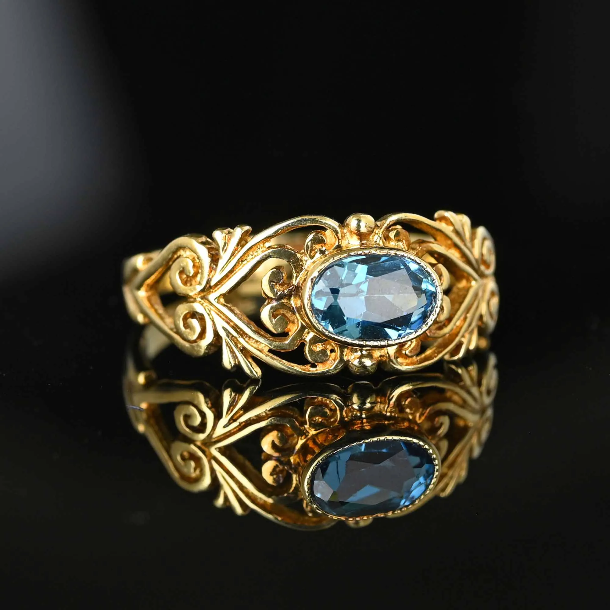 Vintage Wide Gold Filigree Blue Topaz Ring Band